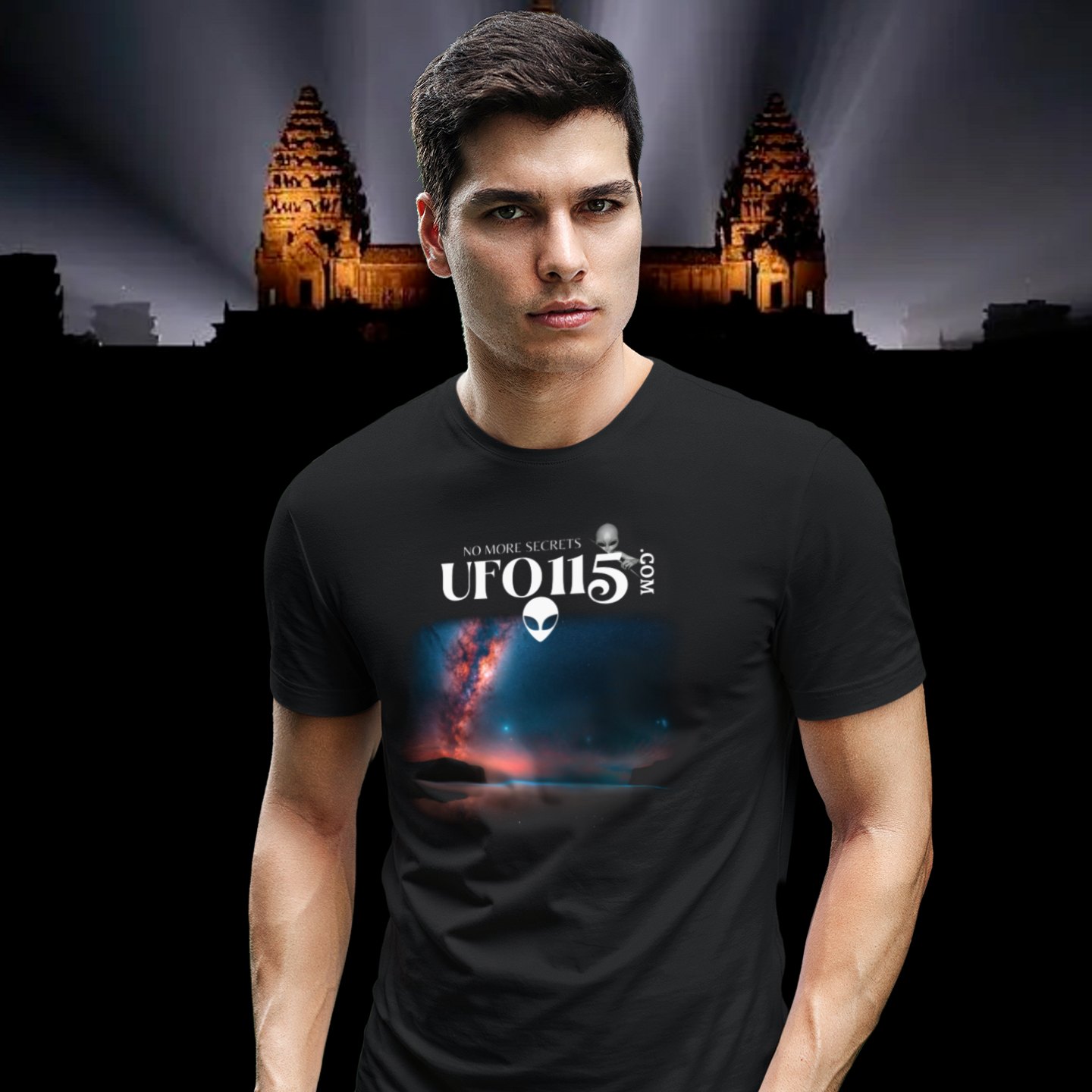 Sky Watcher – Ring of Fire T-shirt in Black, front print, worn by a model (Angkor temple light beams). AI-edited photo: the real print artwork was digitally placed on a model photo.