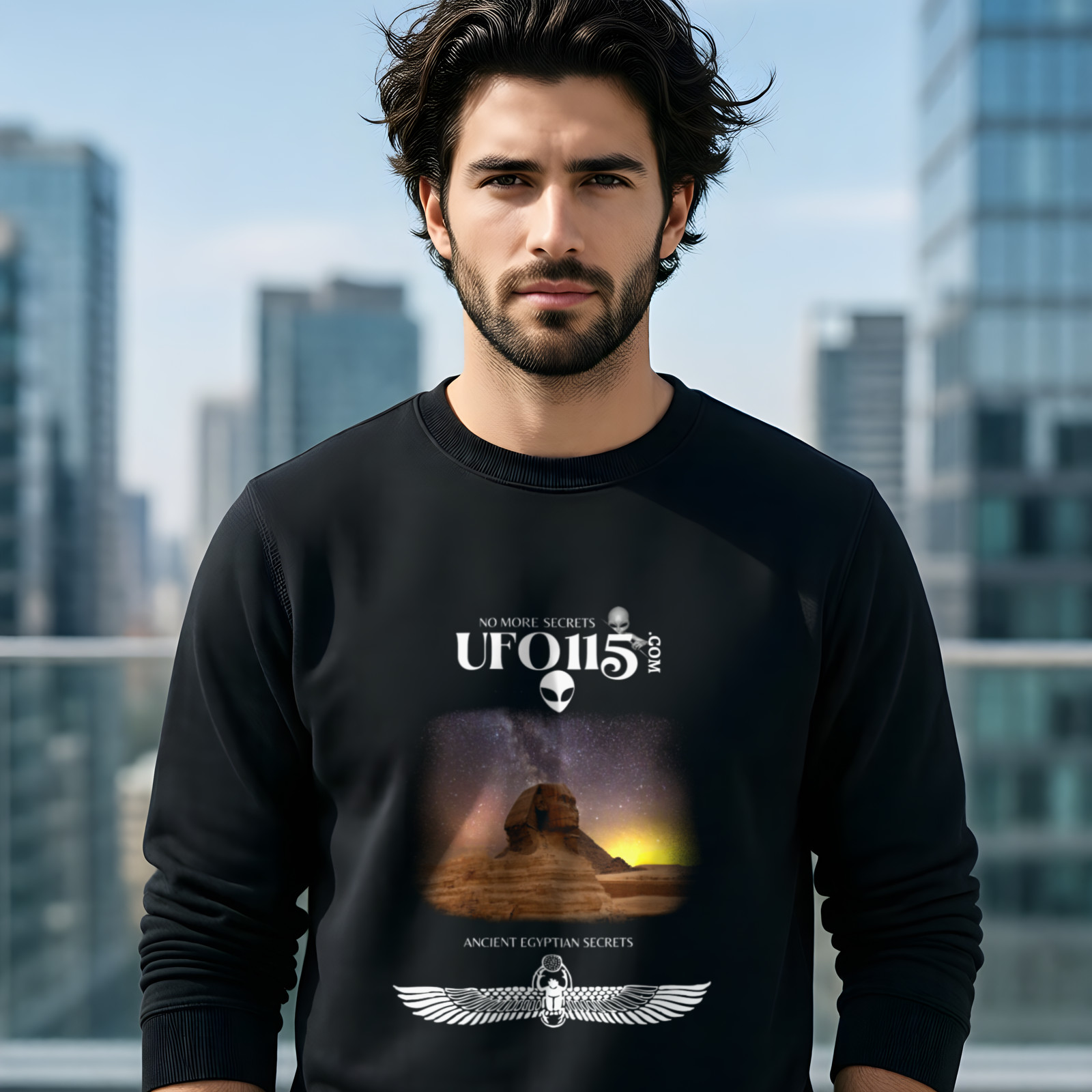 Sphinx and Sky crewneck sweatshirt in Black, worn by a model (on a rooftop terrace above a modern city skyline on a clear day).