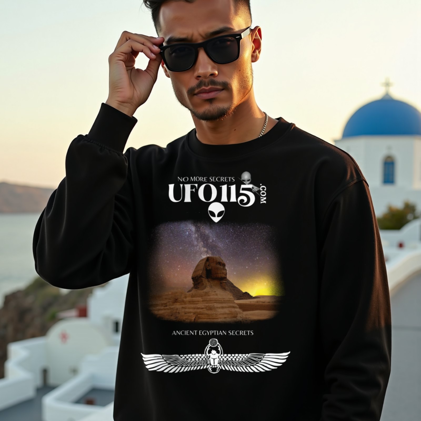 Sphinx and Sky crewneck sweatshirt in Black, worn by a model (on a whitewashed Santorini terrace at golden hour). AI-generated image: model and scene are AI-generated; the print is the real artwork.
