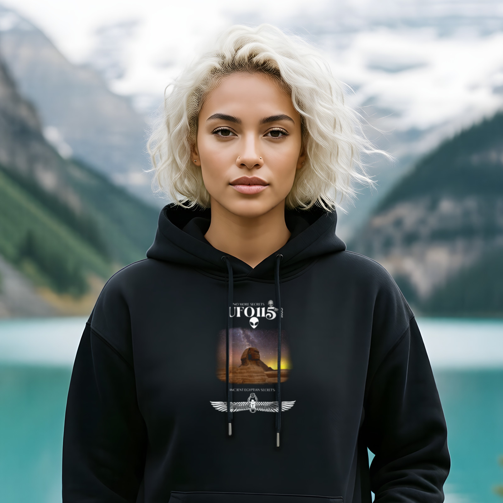 Sphinx and Sky hoodie in Black, worn by a model (on a lookout above a turquoise alpine lake).