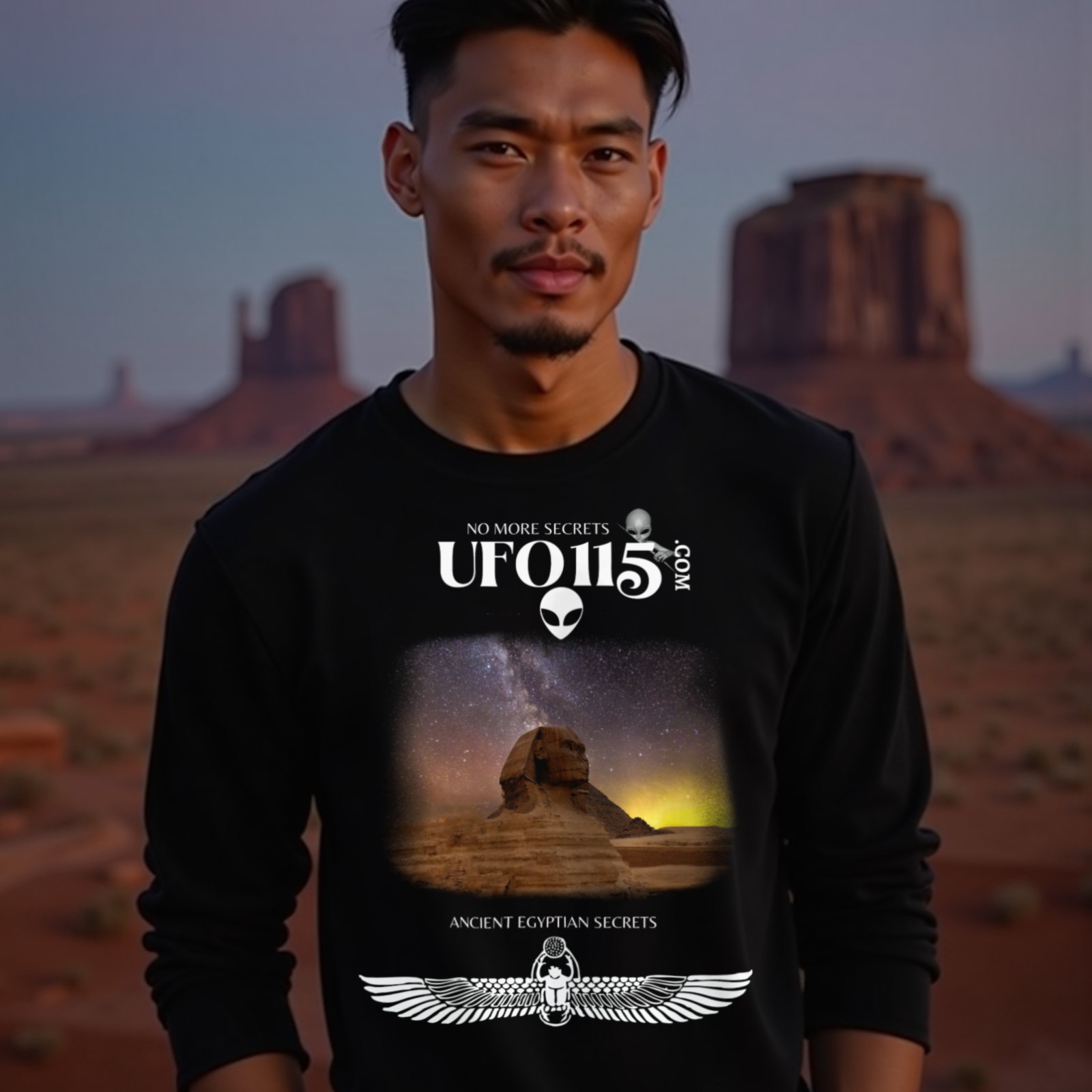 Sphinx and Sky long-sleeve T-shirt in Black, worn by a model (in Monument Valley at dusk). AI-generated image: model and scene are AI-generated; the print is the real artwork.