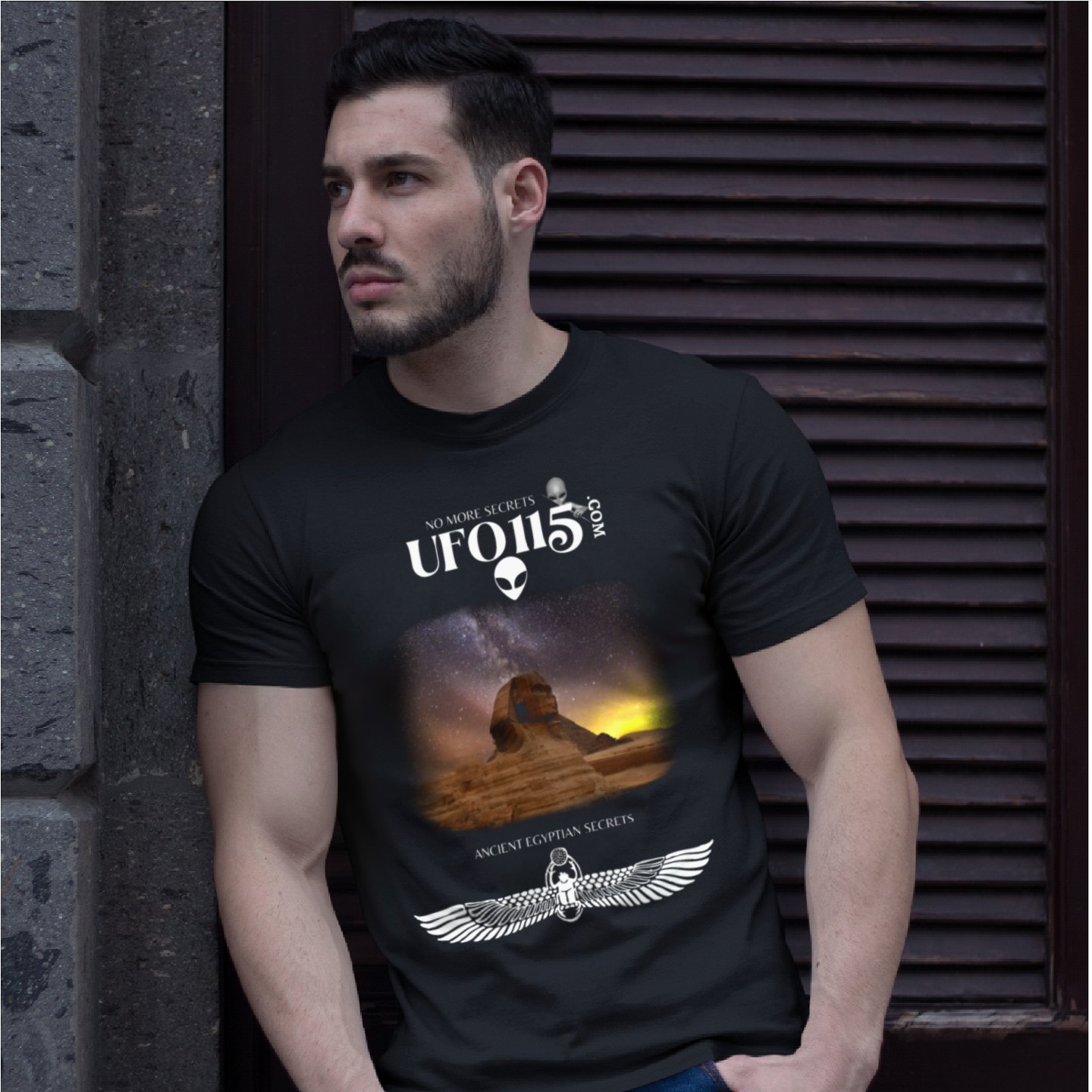 Sphinx and Sky T-shirt in Black, front print, worn by a model (stone doorway, day). AI-edited photo: the real print artwork was digitally placed on a model photo.