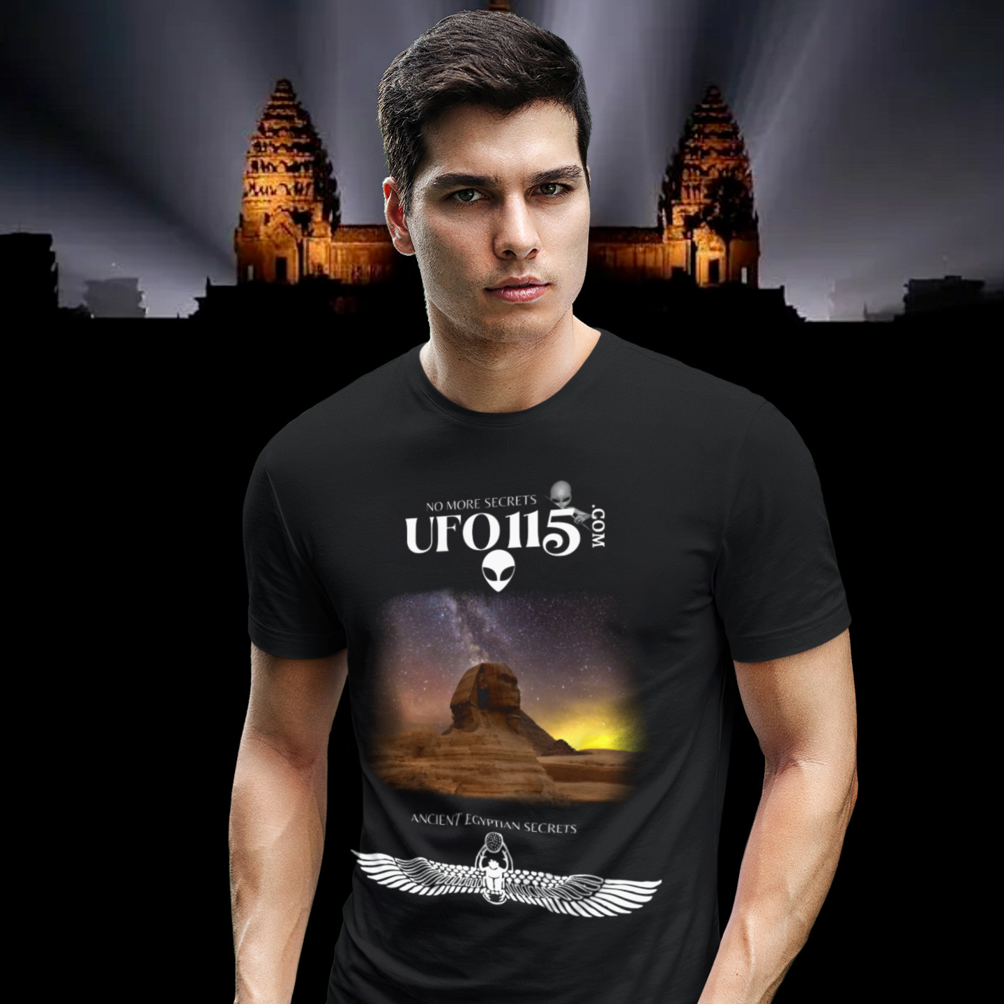 Sphinx and Sky T-shirt in Black, front print, worn by a model (Angkor temple light beams). AI-edited photo: the real print artwork was digitally placed on a model photo.