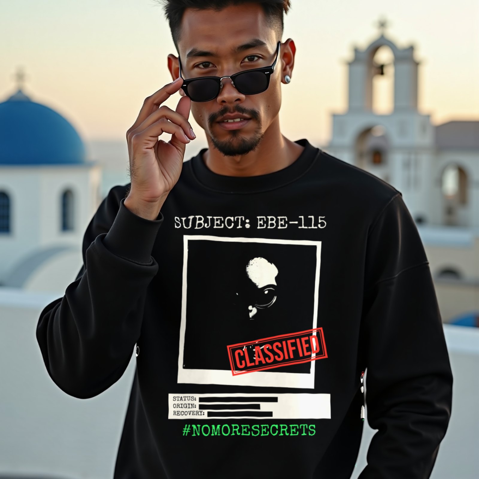 Subject EBE-115 Classified crewneck sweatshirt in Black, worn by a model (on a whitewashed Santorini terrace at golden hour). AI-generated image: model and scene are AI-generated; the print is the real artwork.