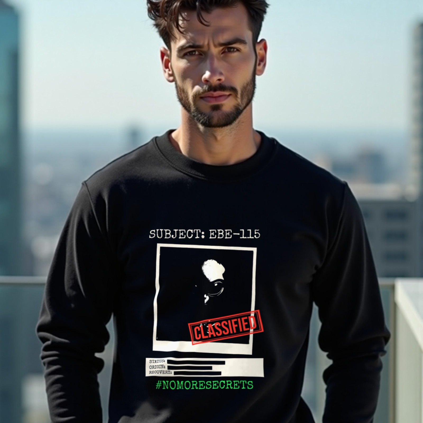 Subject EBE-115 Classified crewneck sweatshirt in Black, worn by a model (on a rooftop terrace above a modern city skyline on a clear day). AI-generated image: model and scene are AI-generated; the print is the real artwork.