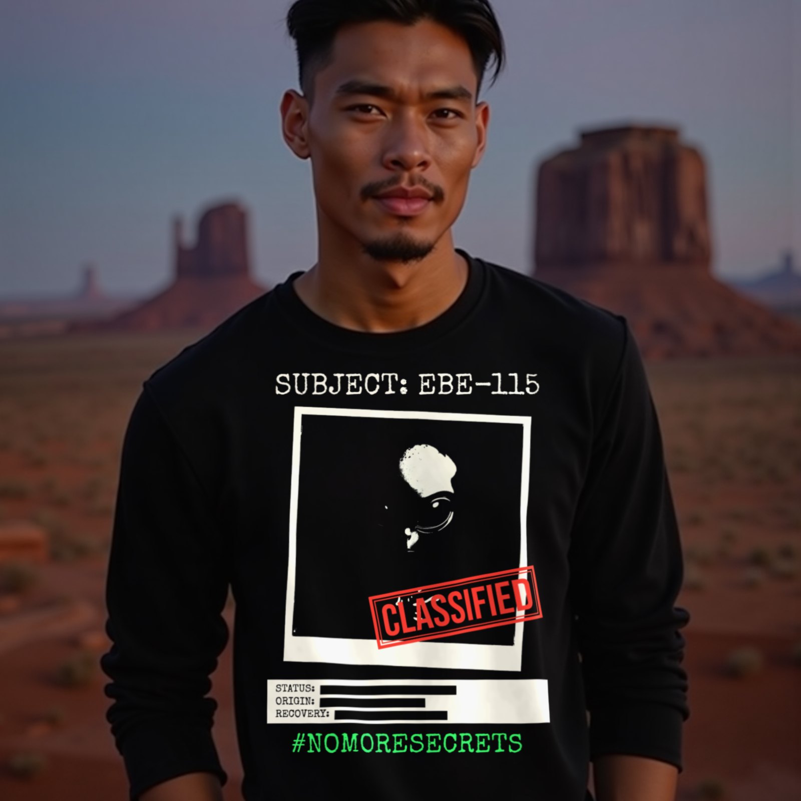 Subject EBE-115 Classified long-sleeve T-shirt in Black, worn by a model (in Monument Valley at dusk). AI-generated image: model and scene are AI-generated; the print is the real artwork.