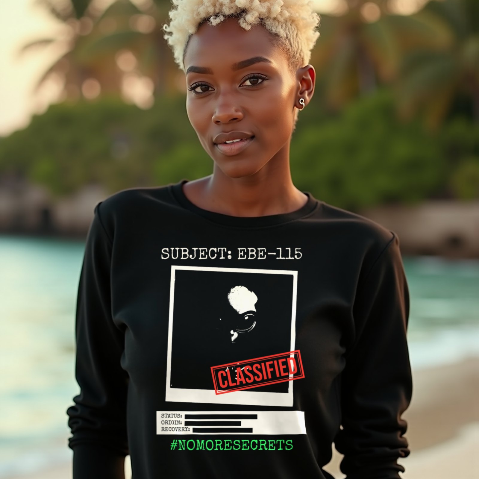 Subject EBE-115 Classified long-sleeve T-shirt in Black, worn by a model (on a tropical beach at golden hour). AI-generated image: model and scene are AI-generated; the print is the real artwork.