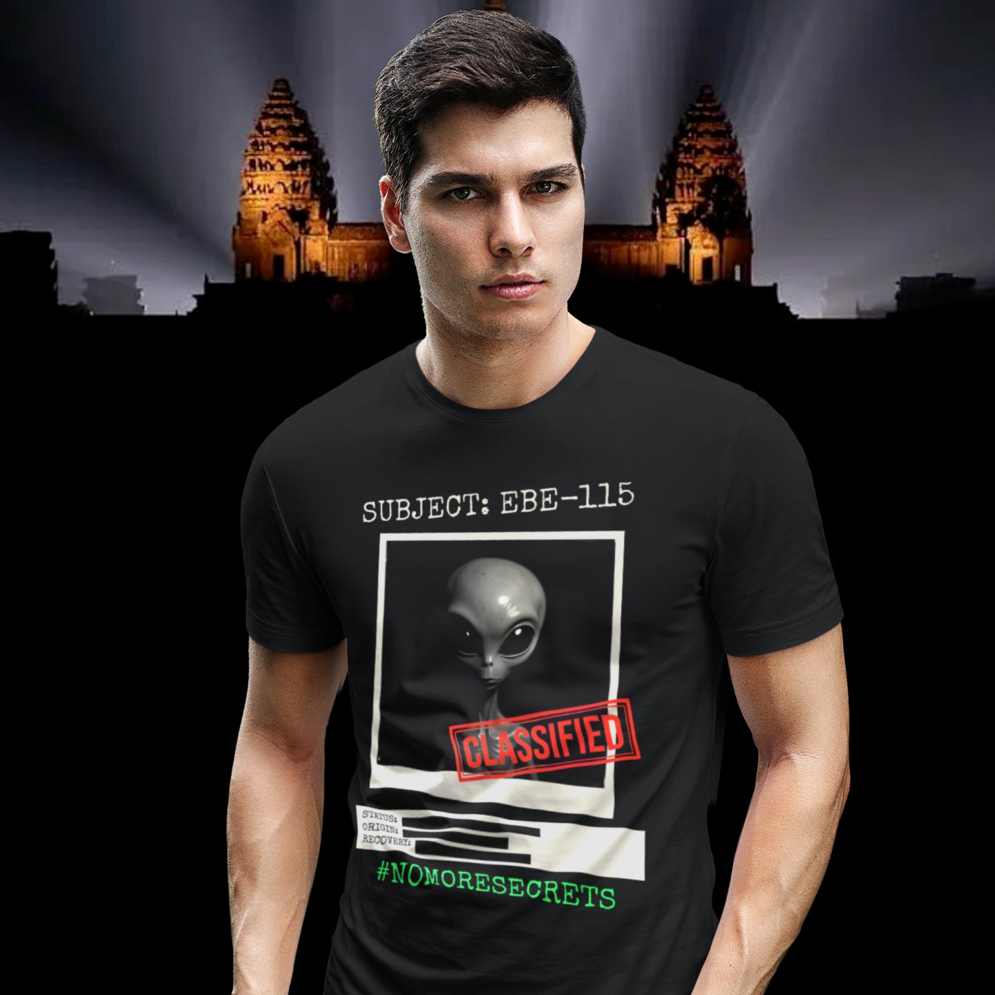 Subject EBE-115 Classified T-shirt in Black, front print, worn by a model (Angkor temple light beams). AI-edited photo: the real print artwork was digitally placed on a model photo.
