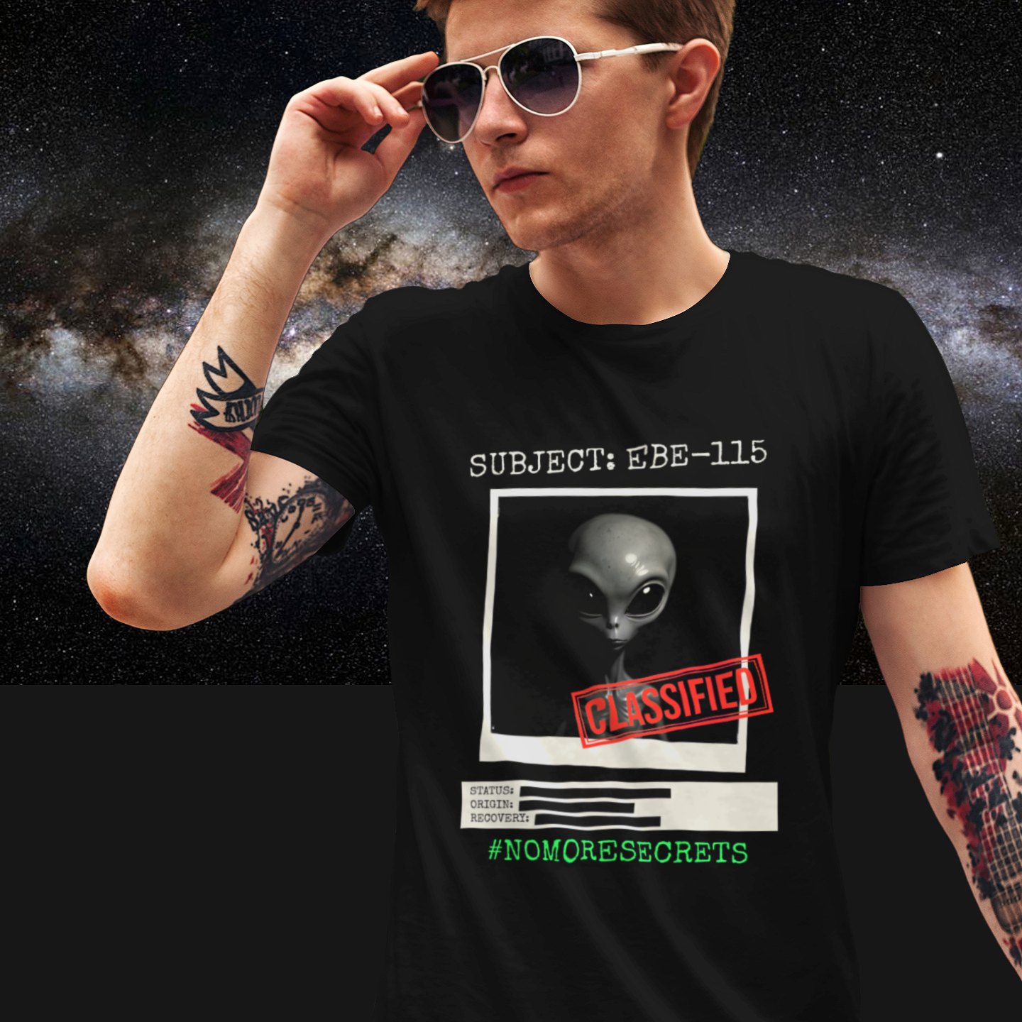 Subject EBE-115 Classified T-shirt in Black, front print, worn by a model (Milky Way night). AI-edited photo: the real print artwork was digitally placed on a model photo.