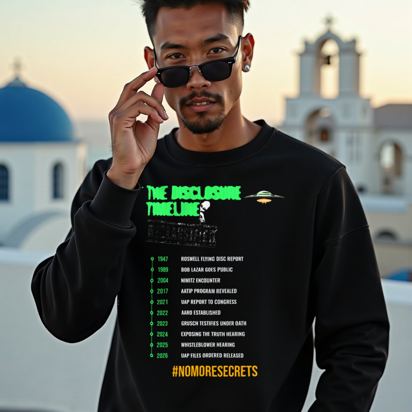 The Disclosure Timeline crewneck sweatshirt in Black, worn by a model (on a whitewashed Santorini terrace at golden hour). AI-generated image: model and scene are AI-generated; the print is the real artwork.