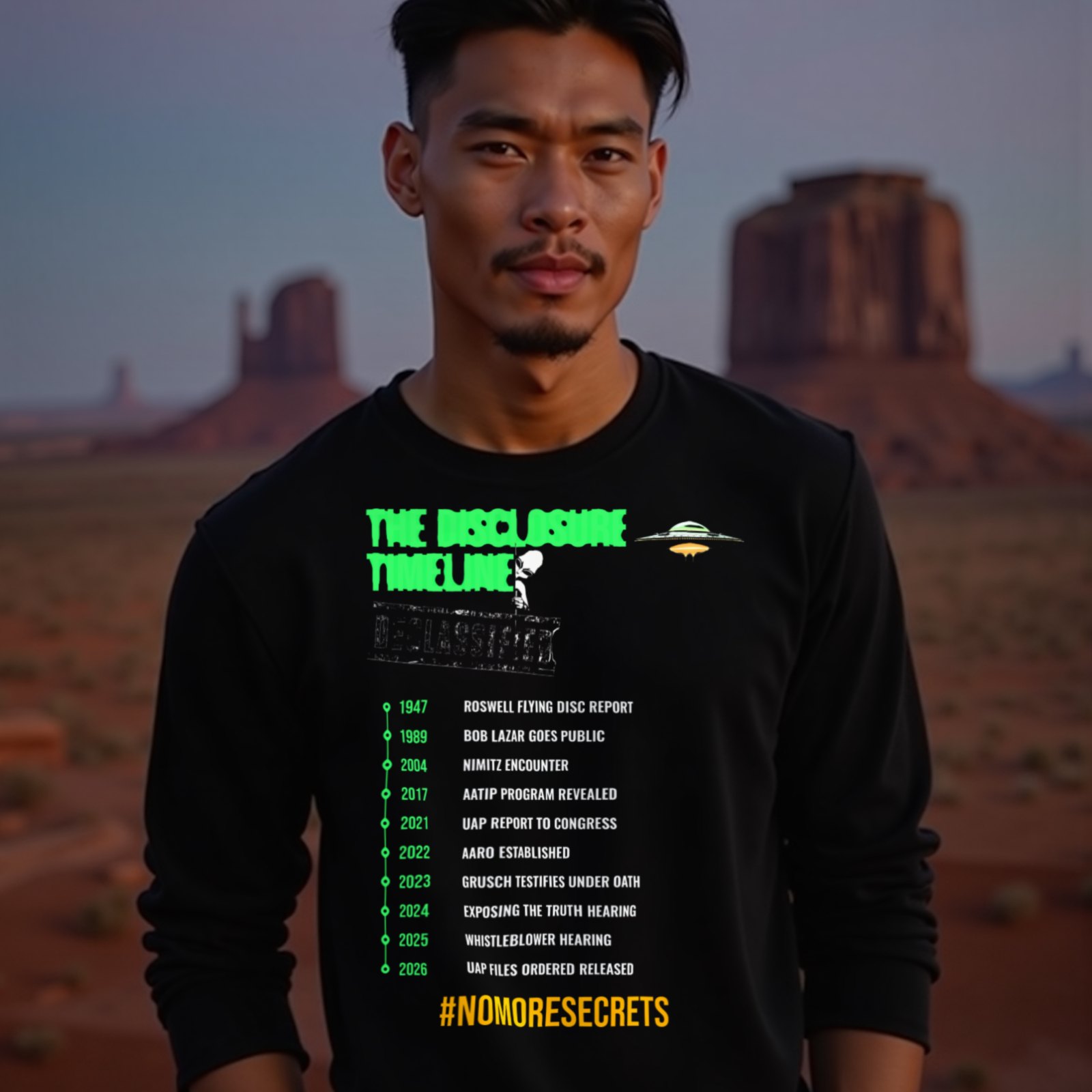 The Disclosure Timeline long-sleeve T-shirt in Black, worn by a model (in Monument Valley at dusk). AI-generated image: model and scene are AI-generated; the print is the real artwork.