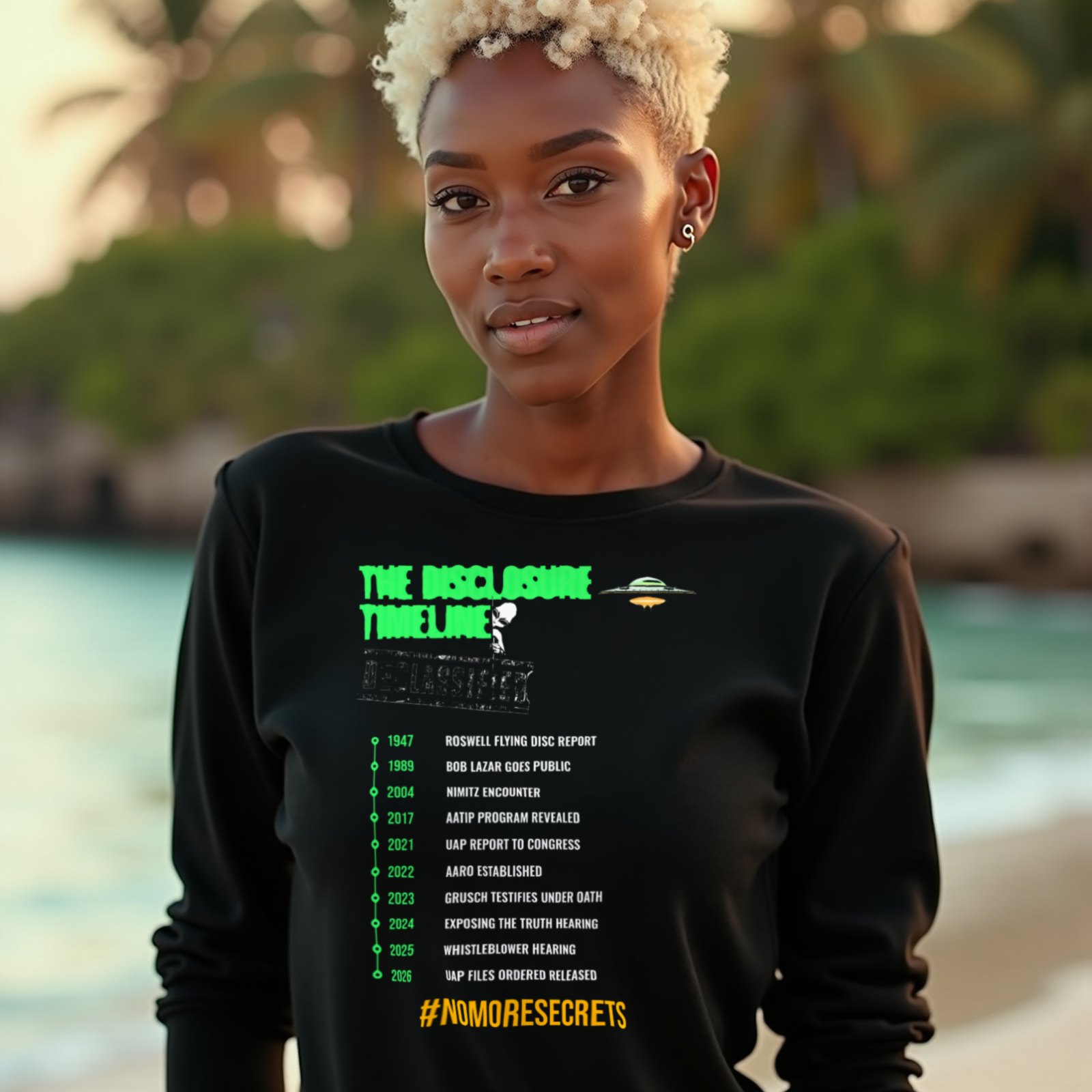 The Disclosure Timeline long-sleeve T-shirt in Black, worn by a model (on a tropical beach at golden hour). AI-generated image: model and scene are AI-generated; the print is the real artwork.