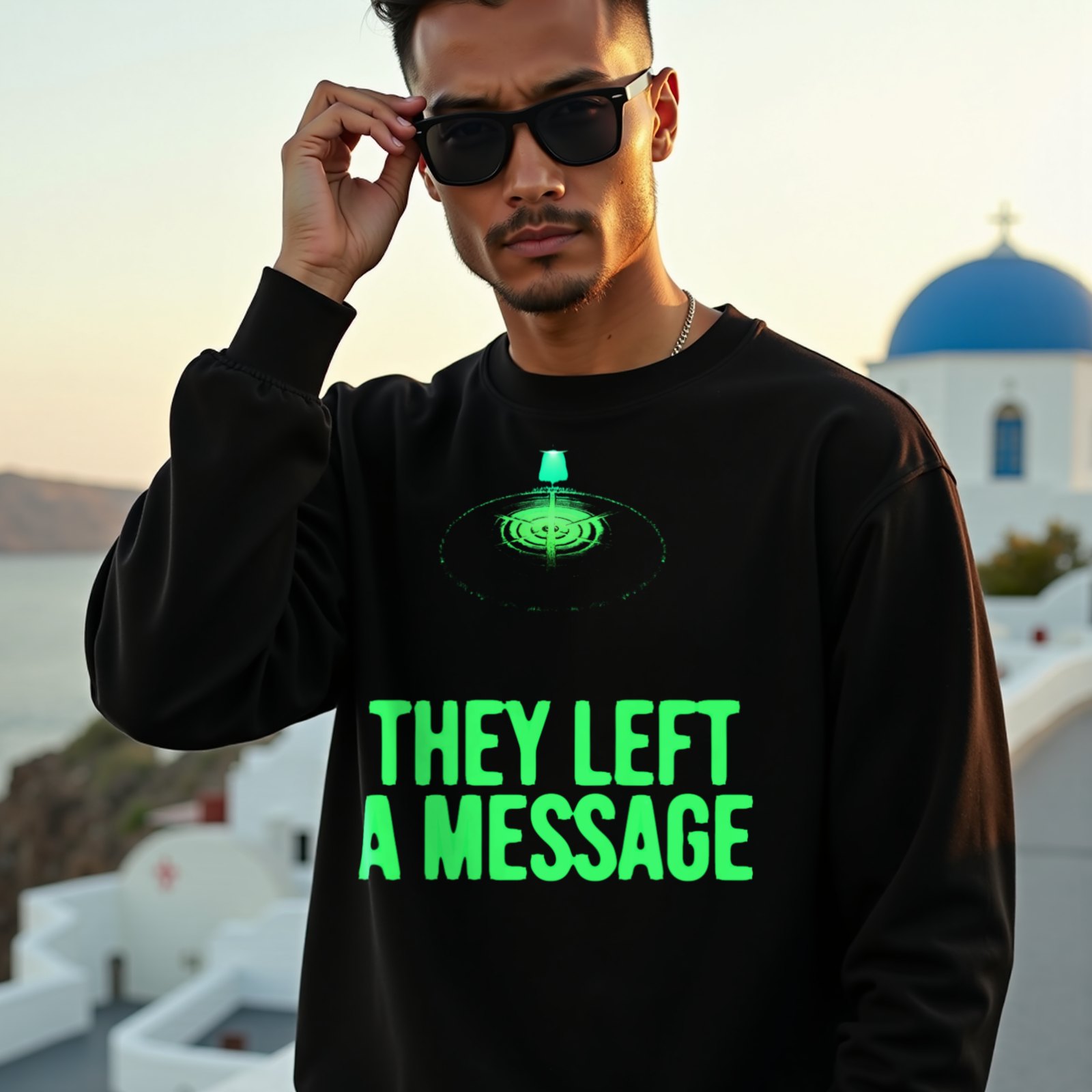 They Left a Message crewneck sweatshirt in Black, worn by a model (on a whitewashed Santorini terrace at golden hour). AI-generated image: model and scene are AI-generated; the print is the real artwork.