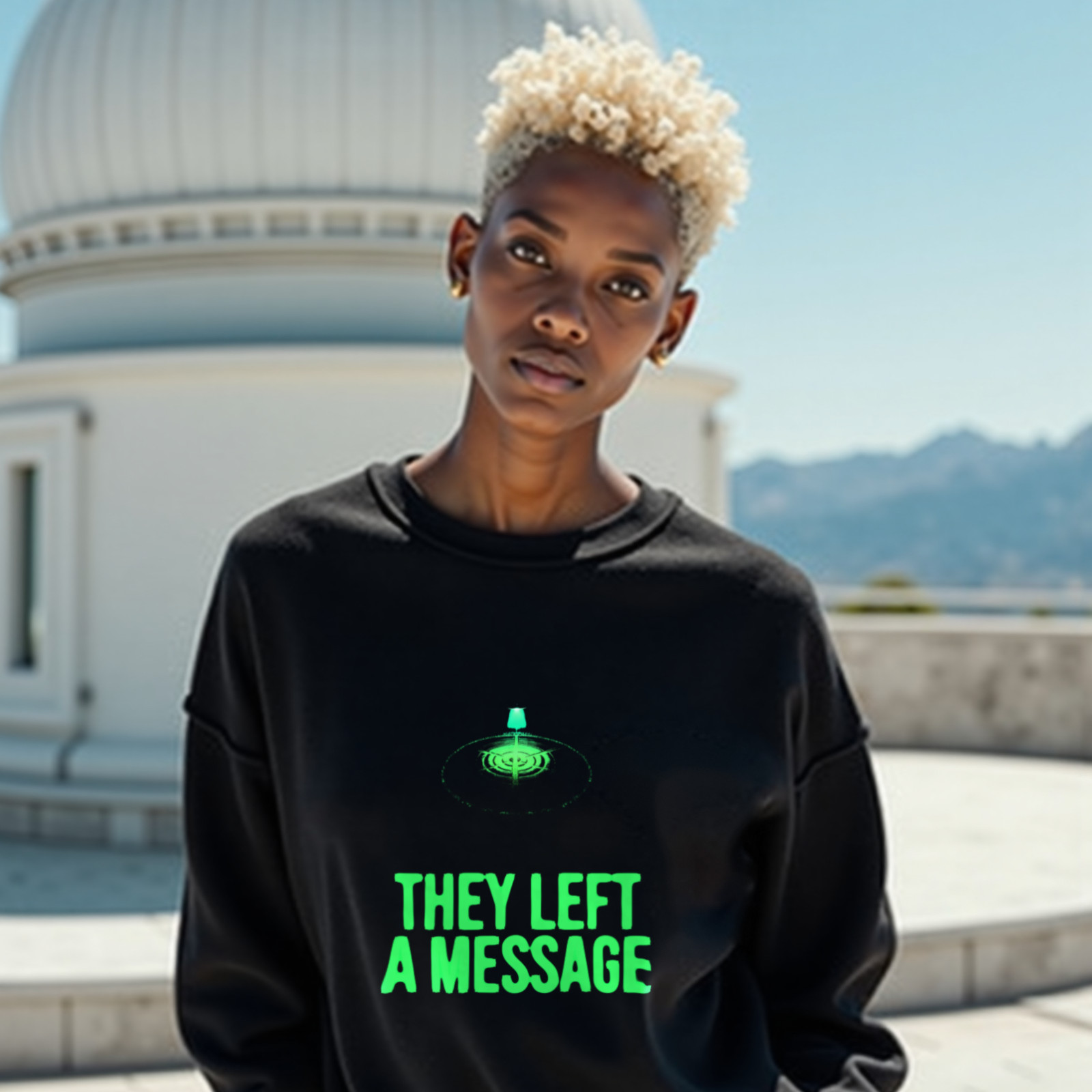 They Left a Message crewneck sweatshirt in Black, worn by a model (on the white stone terrace of a mountain-top observatory on a bright clear day). AI-generated image: model and scene are AI-generated; the print is the real artwork.