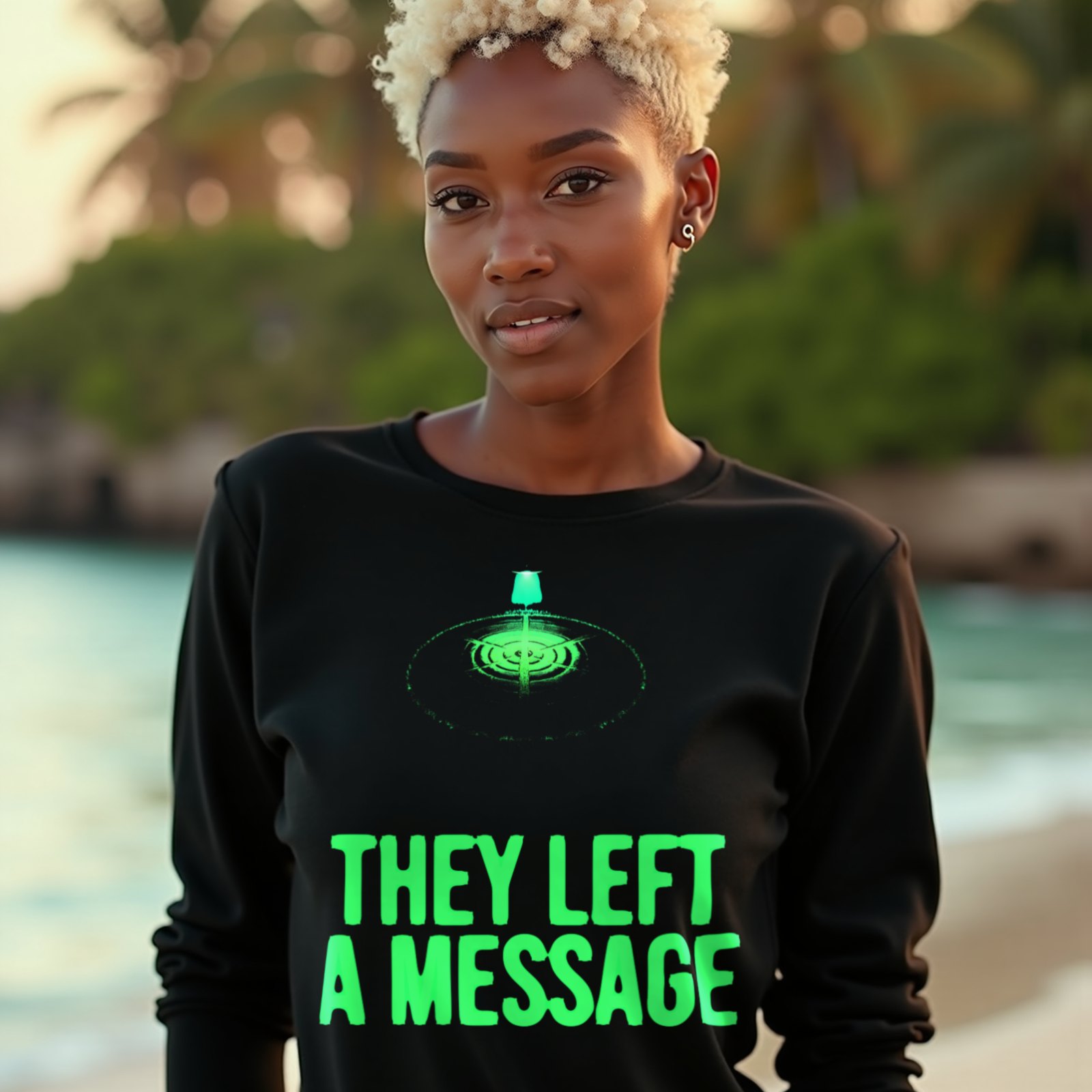They Left a Message long-sleeve T-shirt in Black, worn by a model (on a tropical beach at golden hour). AI-generated image: model and scene are AI-generated; the print is the real artwork.