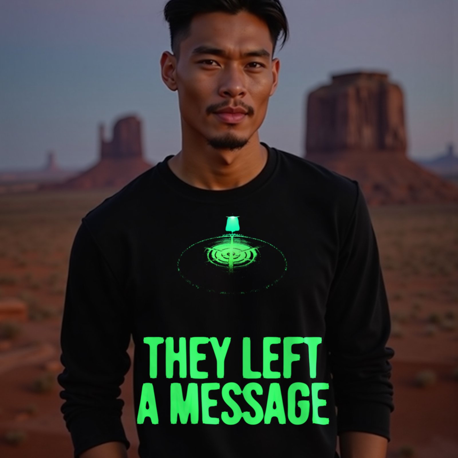 They Left a Message long-sleeve T-shirt in Black, worn by a model (in Monument Valley at dusk). AI-generated image: model and scene are AI-generated; the print is the real artwork.