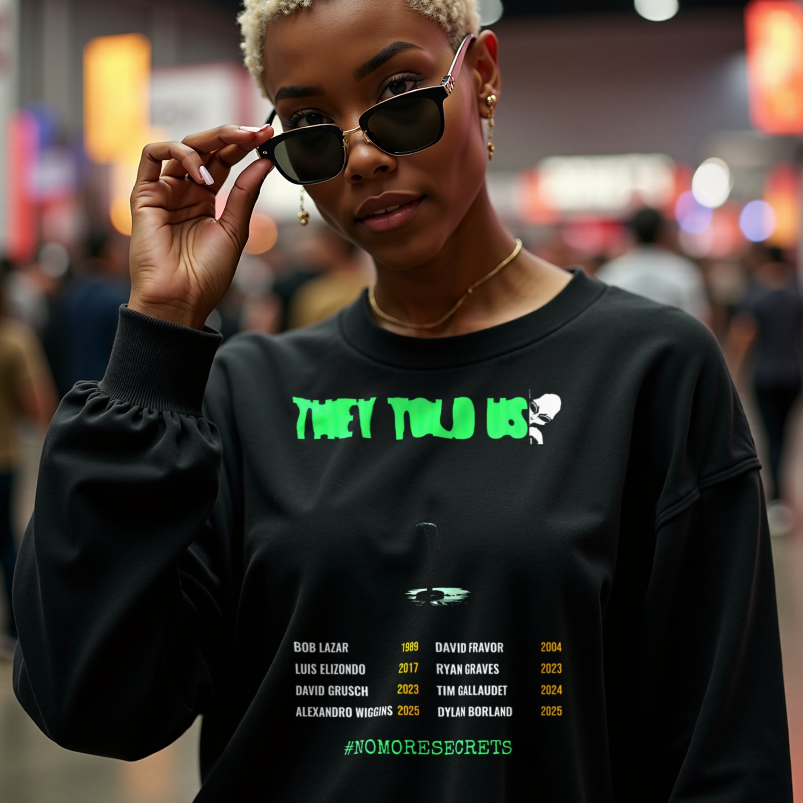 They Told Us crewneck sweatshirt in Black, worn by a model (in a busy science-fiction fan convention hall). AI-generated image: model and scene are AI-generated; the print is the real artwork.