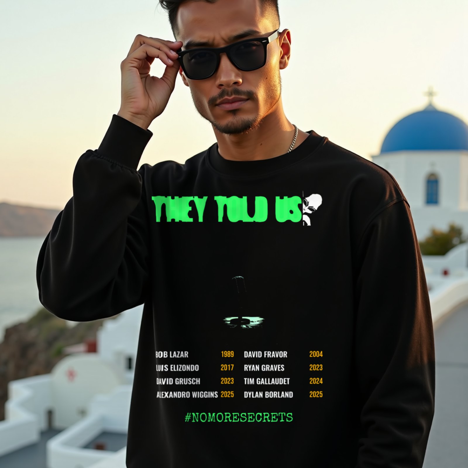 They Told Us crewneck sweatshirt in Black, worn by a model (on a whitewashed Santorini terrace at golden hour). AI-generated image: model and scene are AI-generated; the print is the real artwork.