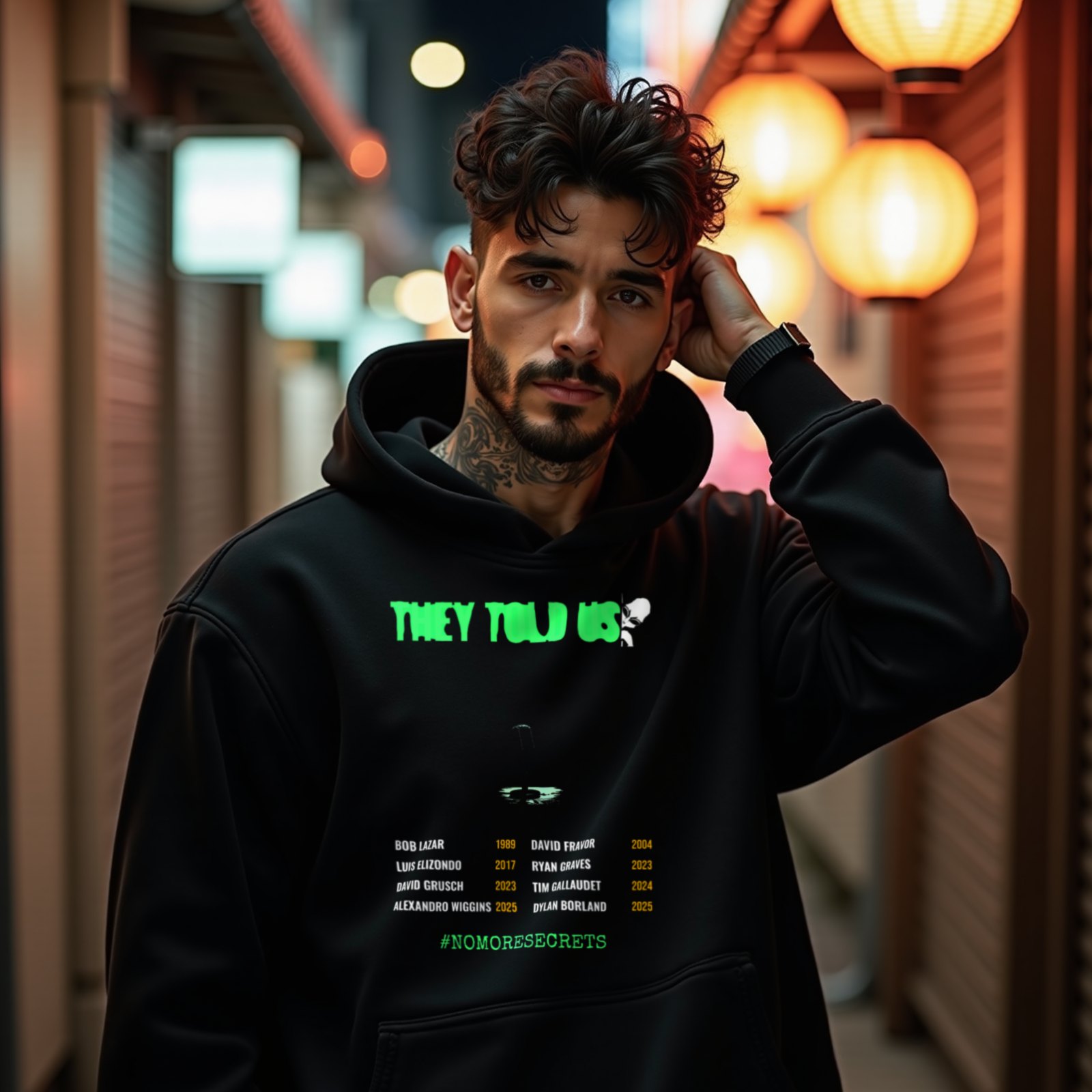 They Told Us hoodie in Black, worn by a model (on a narrow Tokyo street at night). AI-generated image: model and scene are AI-generated; the print is the real artwork.