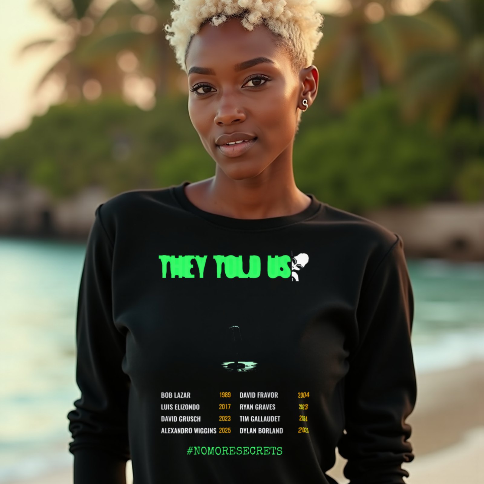 They Told Us long-sleeve T-shirt in Black, worn by a model (on a tropical beach at golden hour). AI-generated image: model and scene are AI-generated; the print is the real artwork.