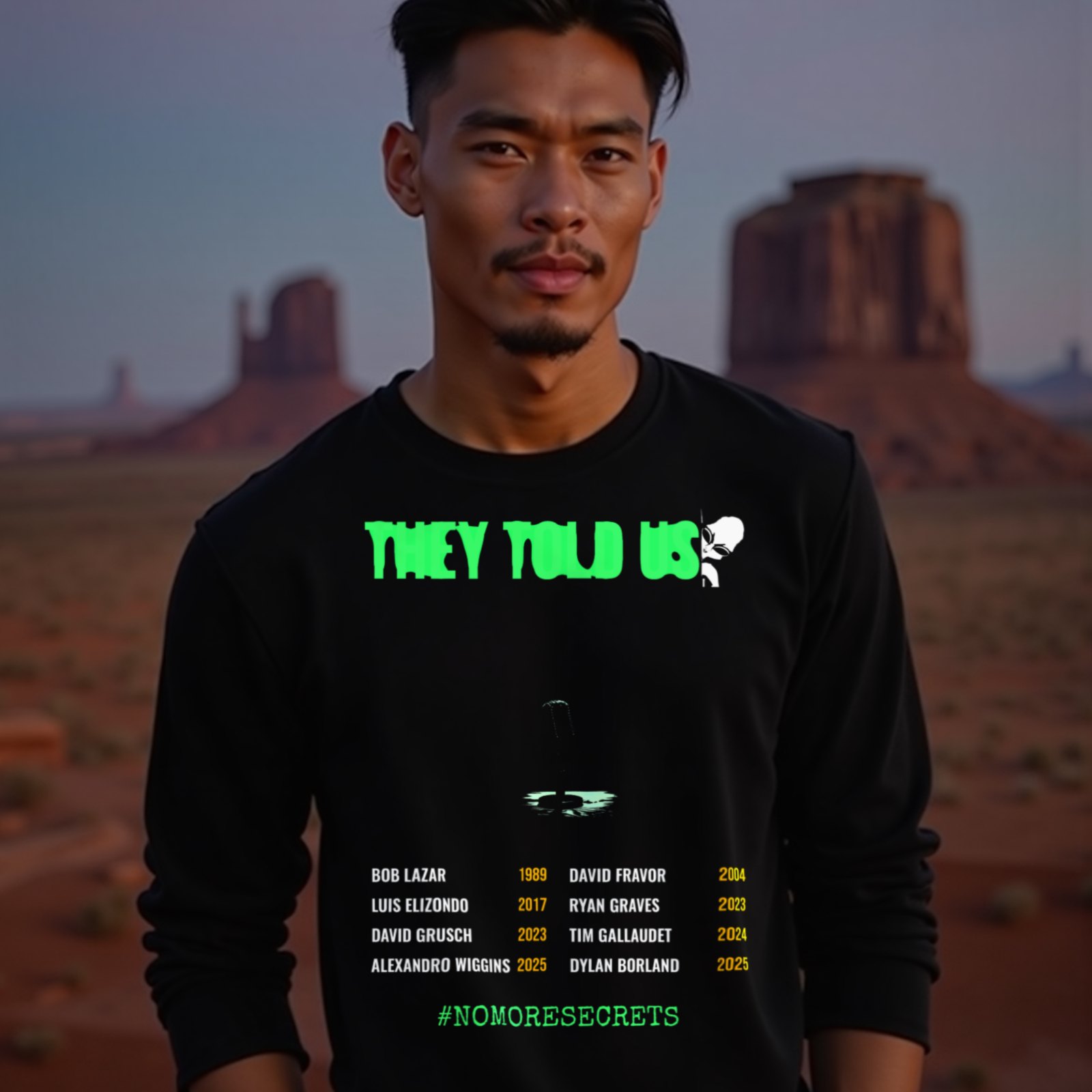 They Told Us long-sleeve T-shirt in Black, worn by a model (in Monument Valley at dusk). AI-generated image: model and scene are AI-generated; the print is the real artwork.