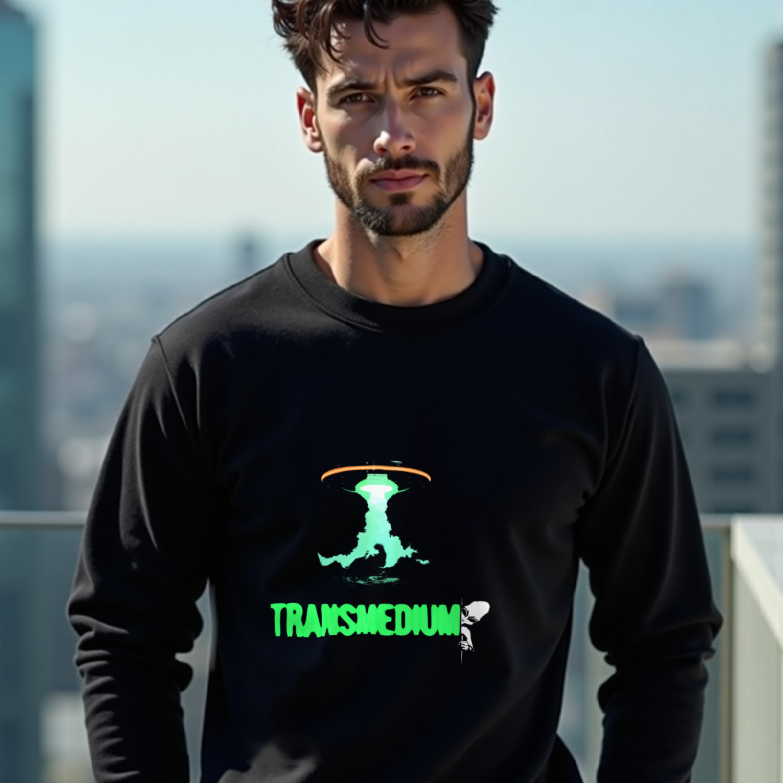 Transmedium crewneck sweatshirt in Black, worn by a model (on a rooftop terrace above a modern city skyline on a clear day). AI-generated image: model and scene are AI-generated; the print is the real artwork.