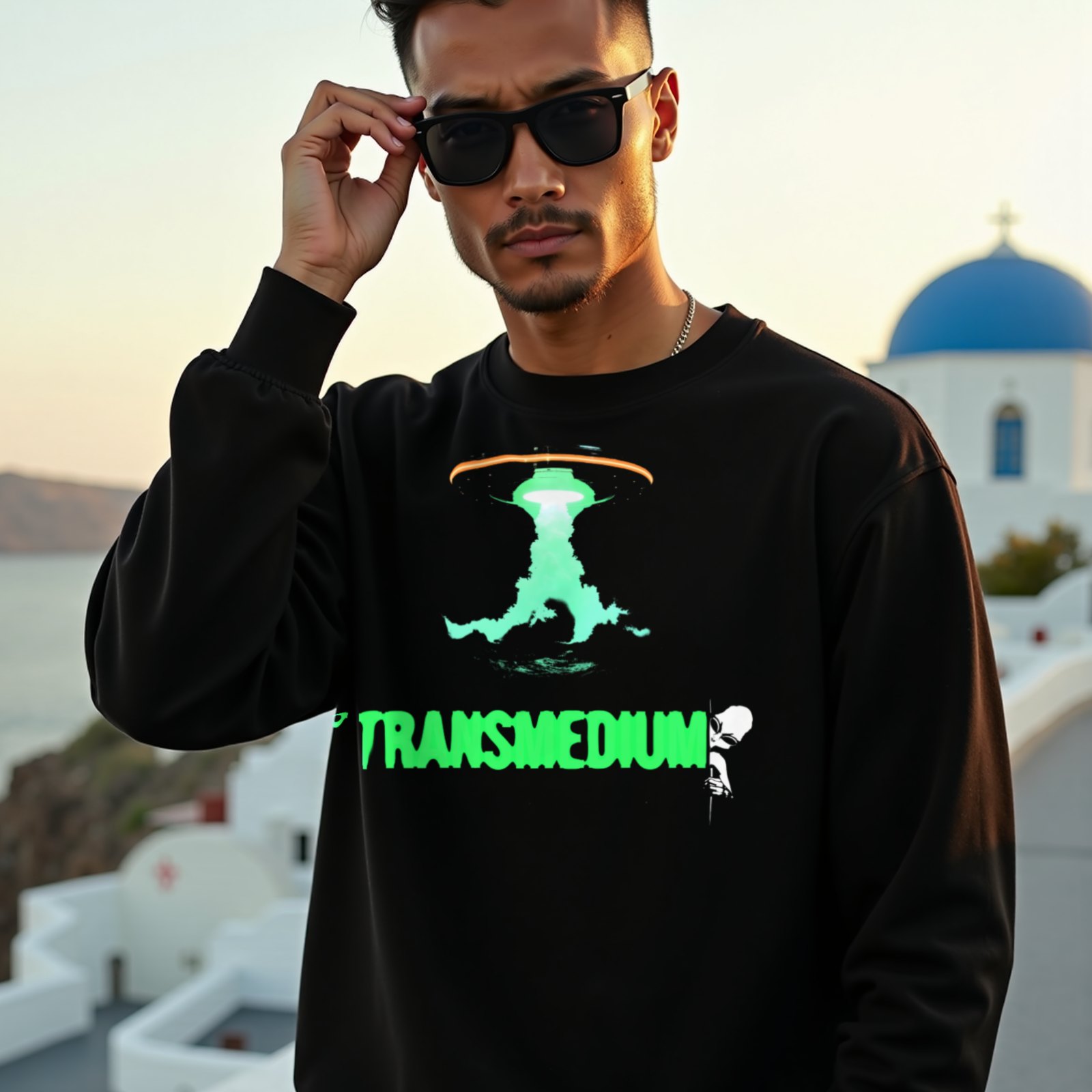 Transmedium crewneck sweatshirt in Black, worn by a model (on a whitewashed Santorini terrace at golden hour). AI-generated image: model and scene are AI-generated; the print is the real artwork.