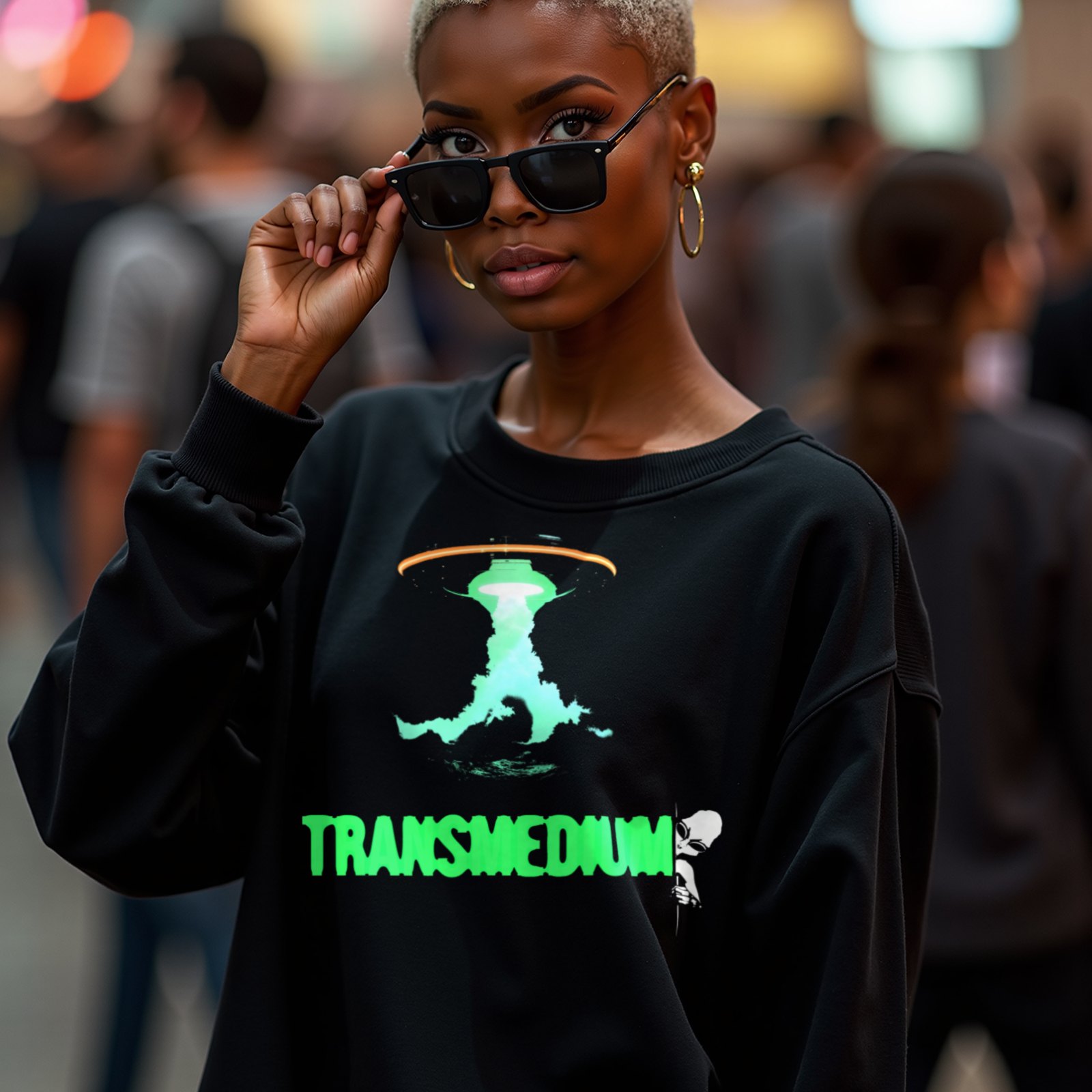 Transmedium crewneck sweatshirt in Black, worn by a model (in a busy science-fiction fan convention hall). AI-generated image: model and scene are AI-generated; the print is the real artwork.