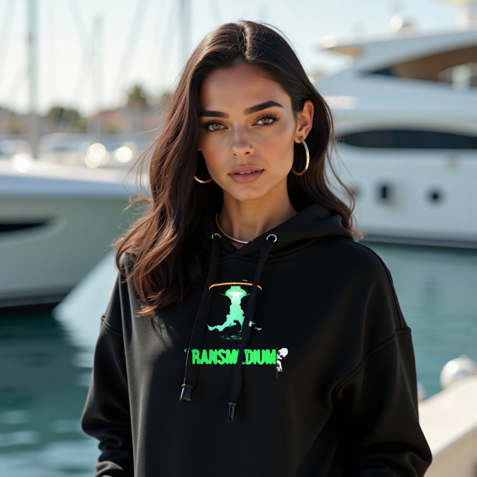 Transmedium hoodie in Black, worn by a model (on the teak deck of a sleek yacht in a sunlit Mediterranean marina). AI-generated image: model and scene are AI-generated; the print is the real artwork.