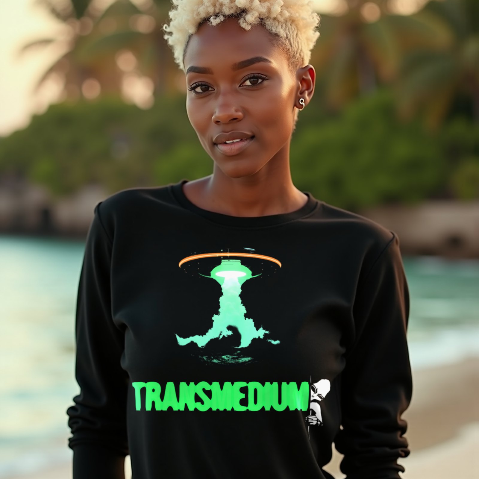 Transmedium long-sleeve T-shirt in Black, worn by a model (on a tropical beach at golden hour). AI-generated image: model and scene are AI-generated; the print is the real artwork.