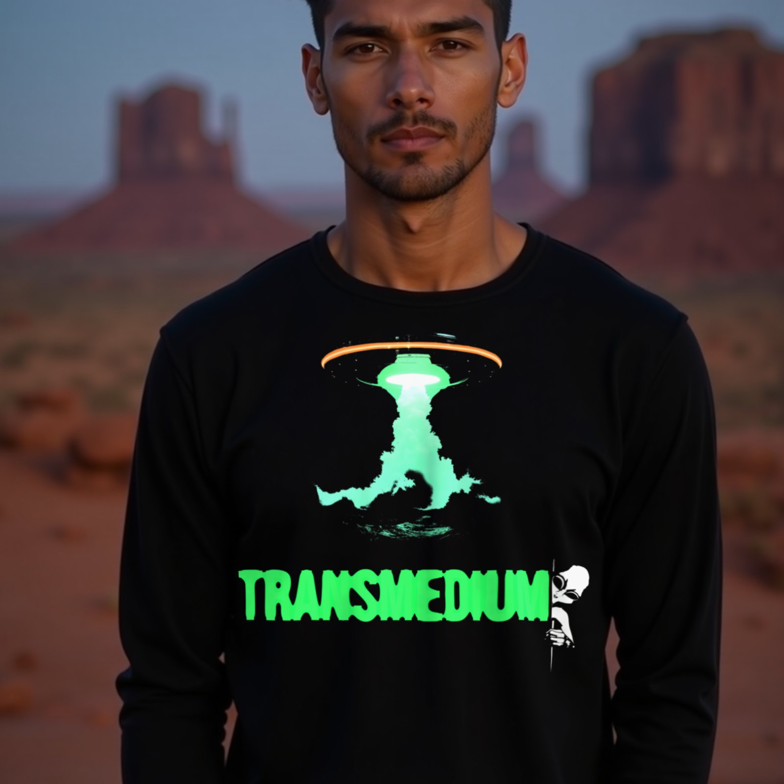 Transmedium long-sleeve T-shirt in Black, worn by a model (in Monument Valley at dusk). AI-generated image: model and scene are AI-generated; the print is the real artwork.