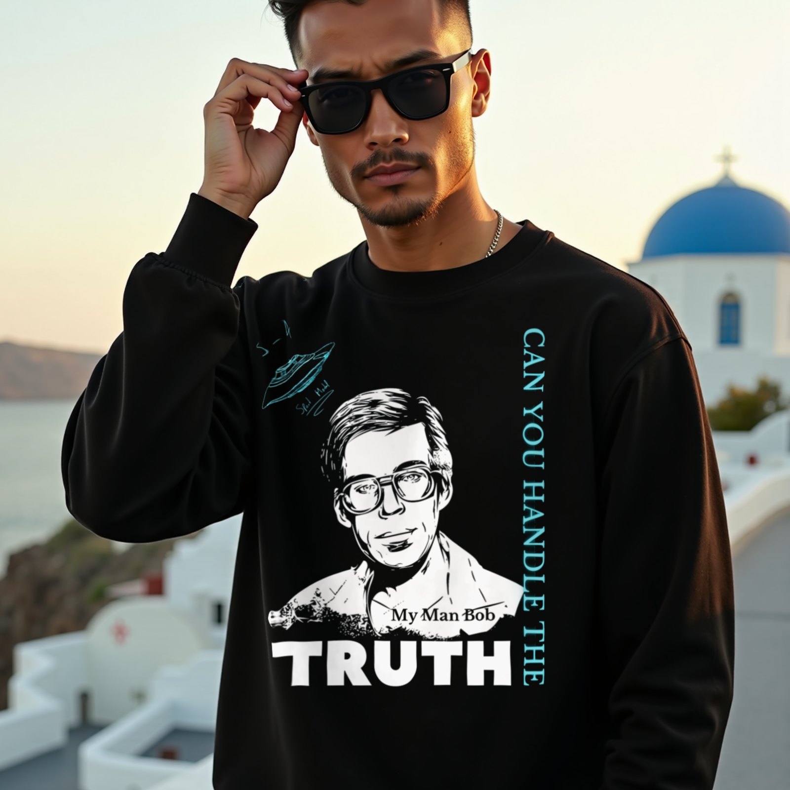 Truth Telling Bob crewneck sweatshirt in Black, worn by a model (on a whitewashed Santorini terrace at golden hour). AI-generated image: model and scene are AI-generated; the print is the real artwork.