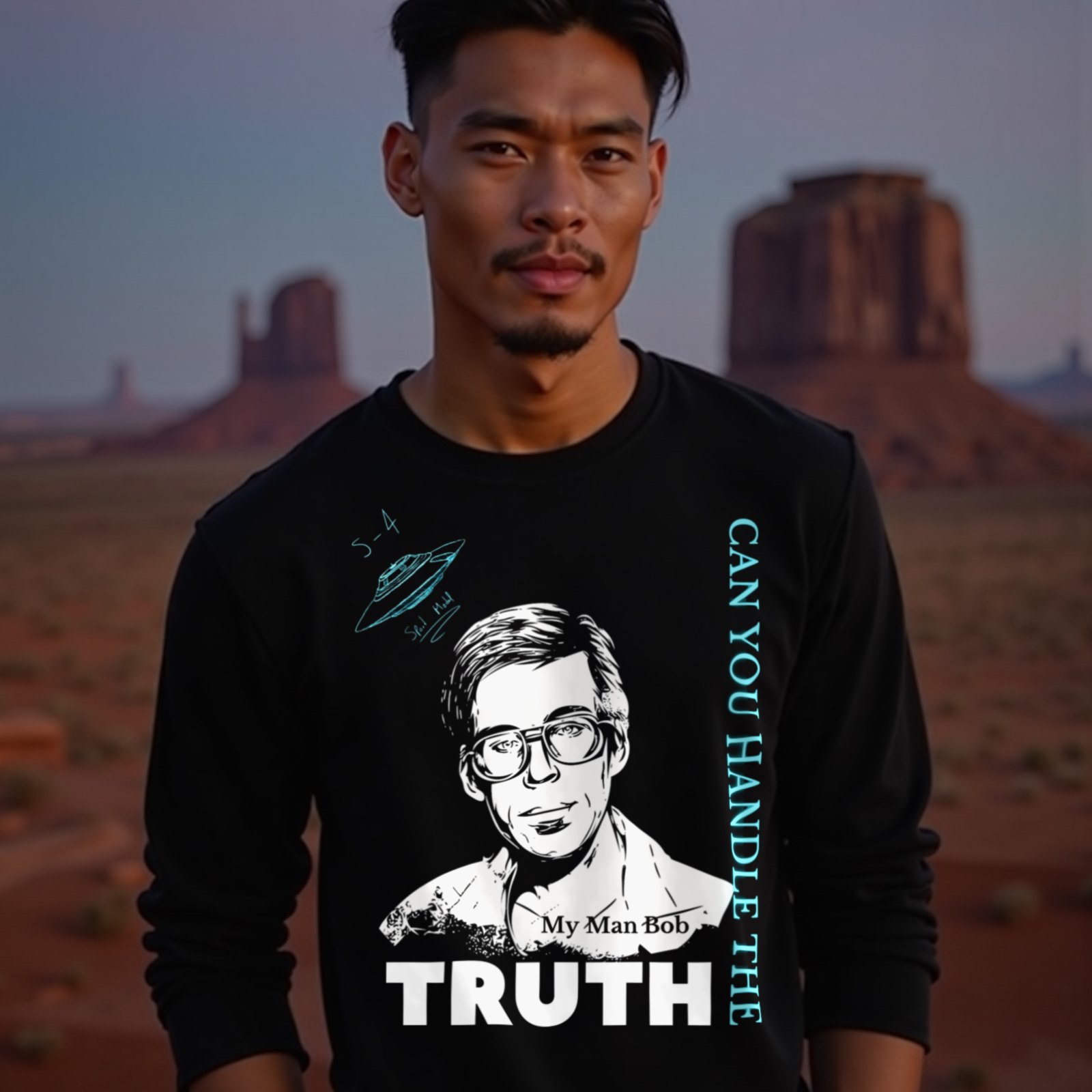 Truth Telling Bob long-sleeve T-shirt in Black, worn by a model (in Monument Valley at dusk). AI-generated image: model and scene are AI-generated; the print is the real artwork.