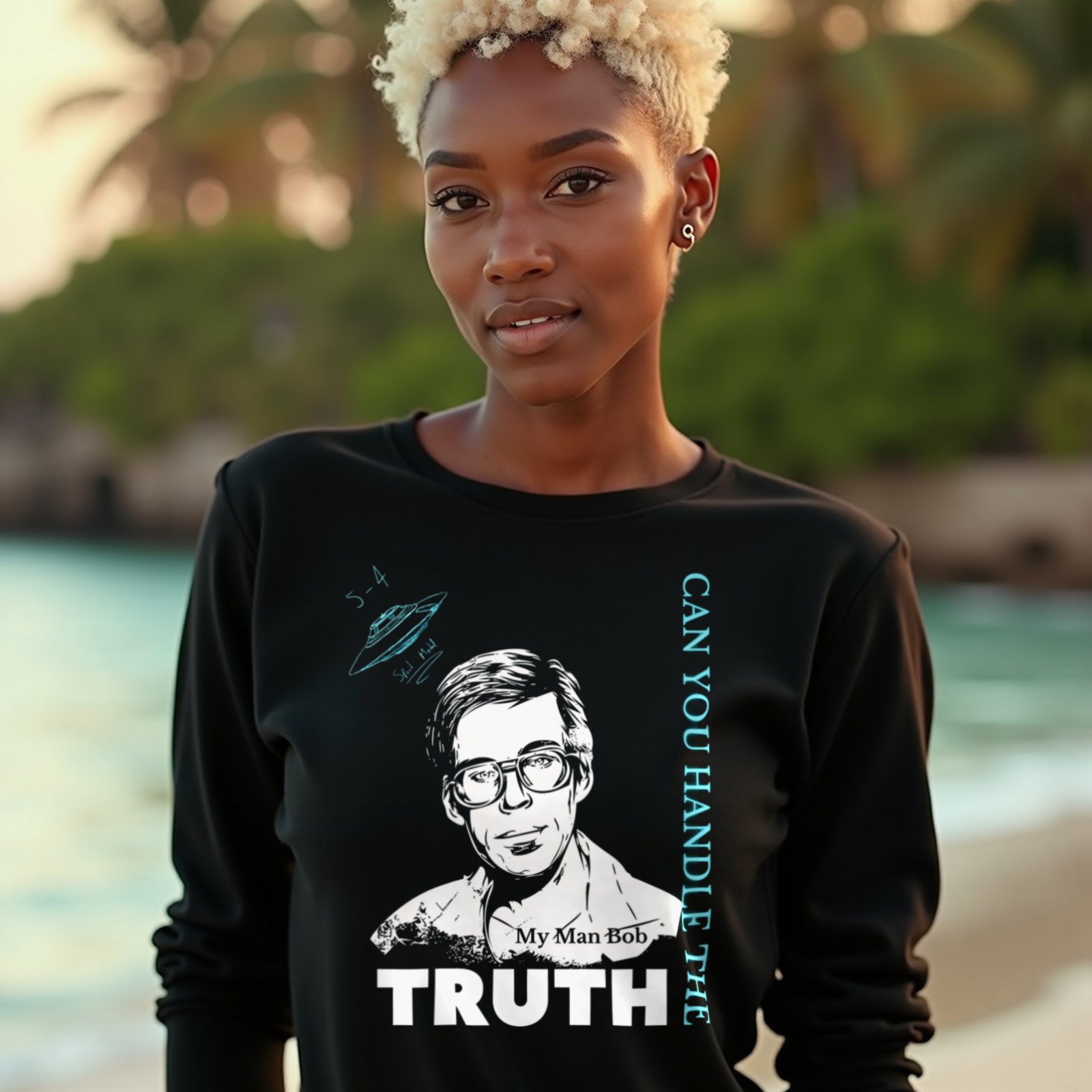 Truth Telling Bob long-sleeve T-shirt in Black, worn by a model (on a tropical beach at golden hour). AI-generated image: model and scene are AI-generated; the print is the real artwork.