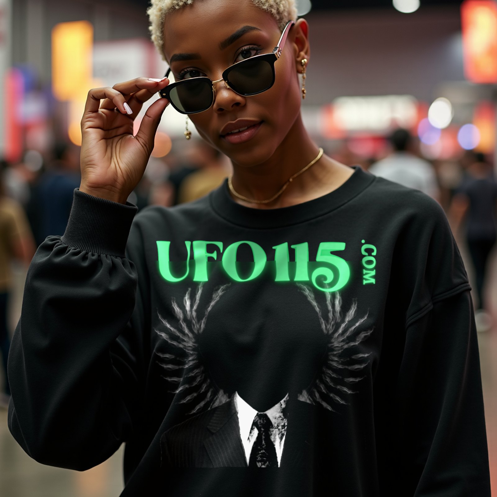 UFO115 – Green Angel crewneck sweatshirt in Black, worn by a model (in a busy science-fiction fan convention hall). AI-generated image: model and scene are AI-generated; the print is the real artwork.