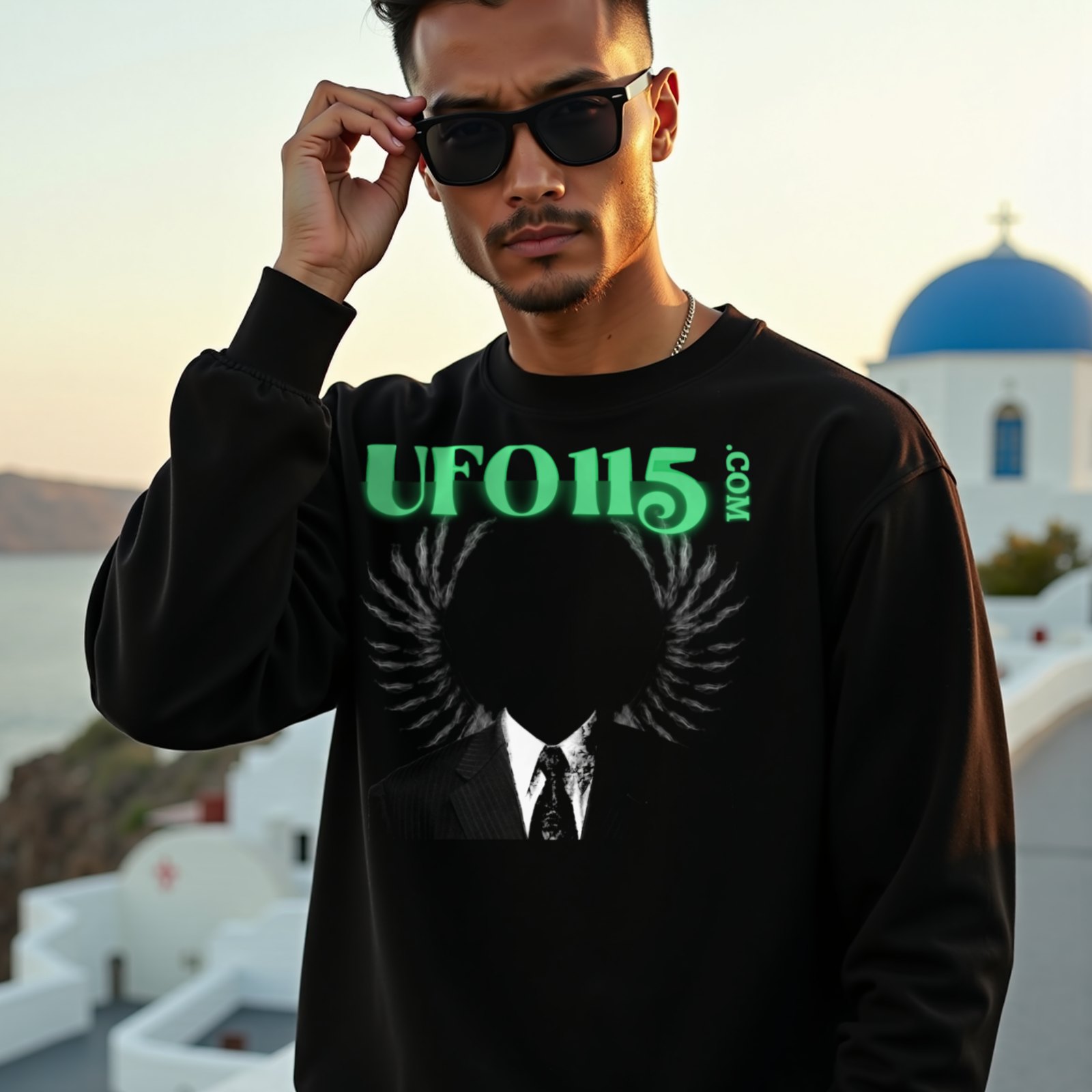 UFO115 – Green Angel crewneck sweatshirt in Black, worn by a model (on a whitewashed Santorini terrace at golden hour). AI-generated image: model and scene are AI-generated; the print is the real artwork.