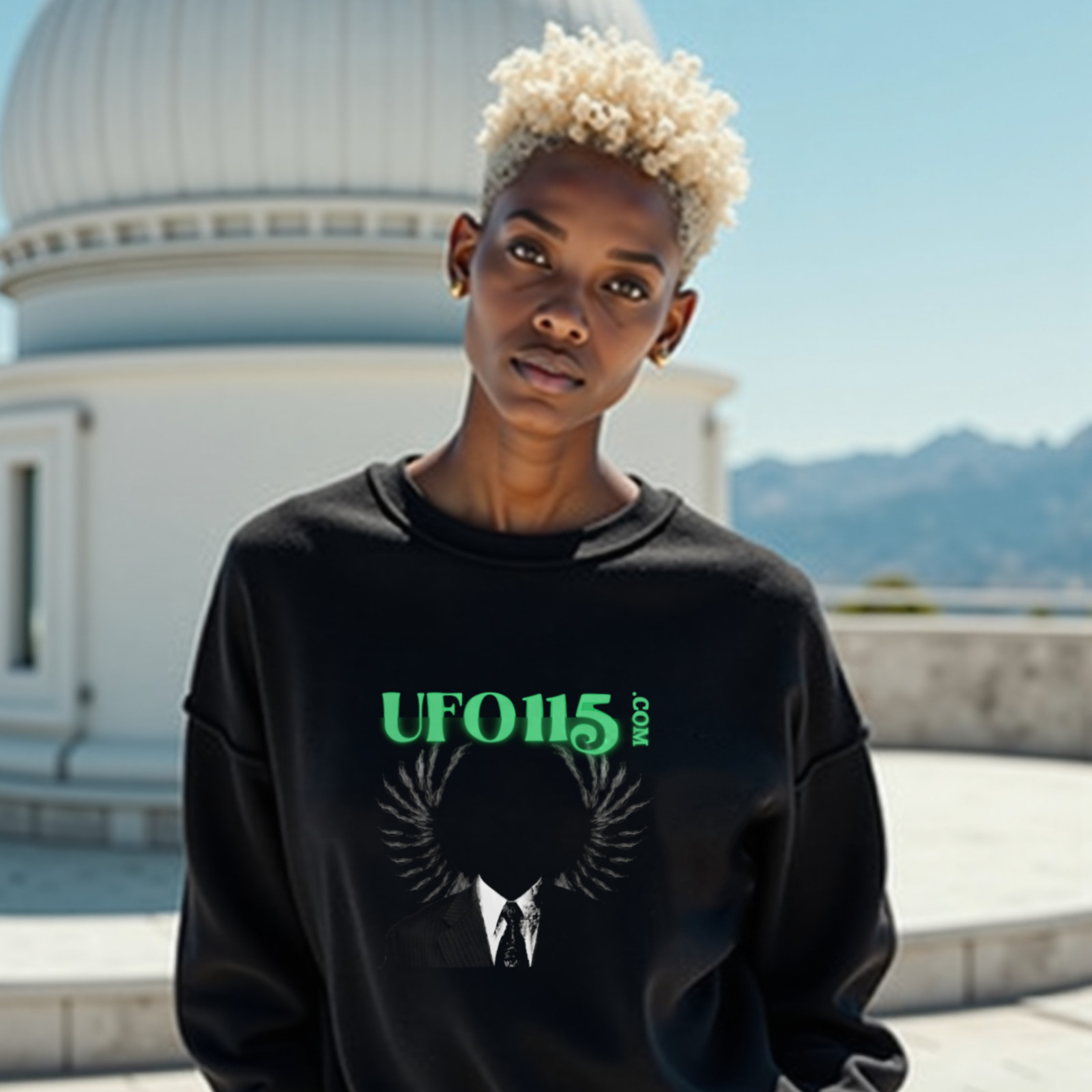 UFO115 – Green Angel crewneck sweatshirt in Black, worn by a model (on the white stone terrace of a mountain-top observatory on a bright clear day). AI-generated image: model and scene are AI-generated; the print is the real artwork.