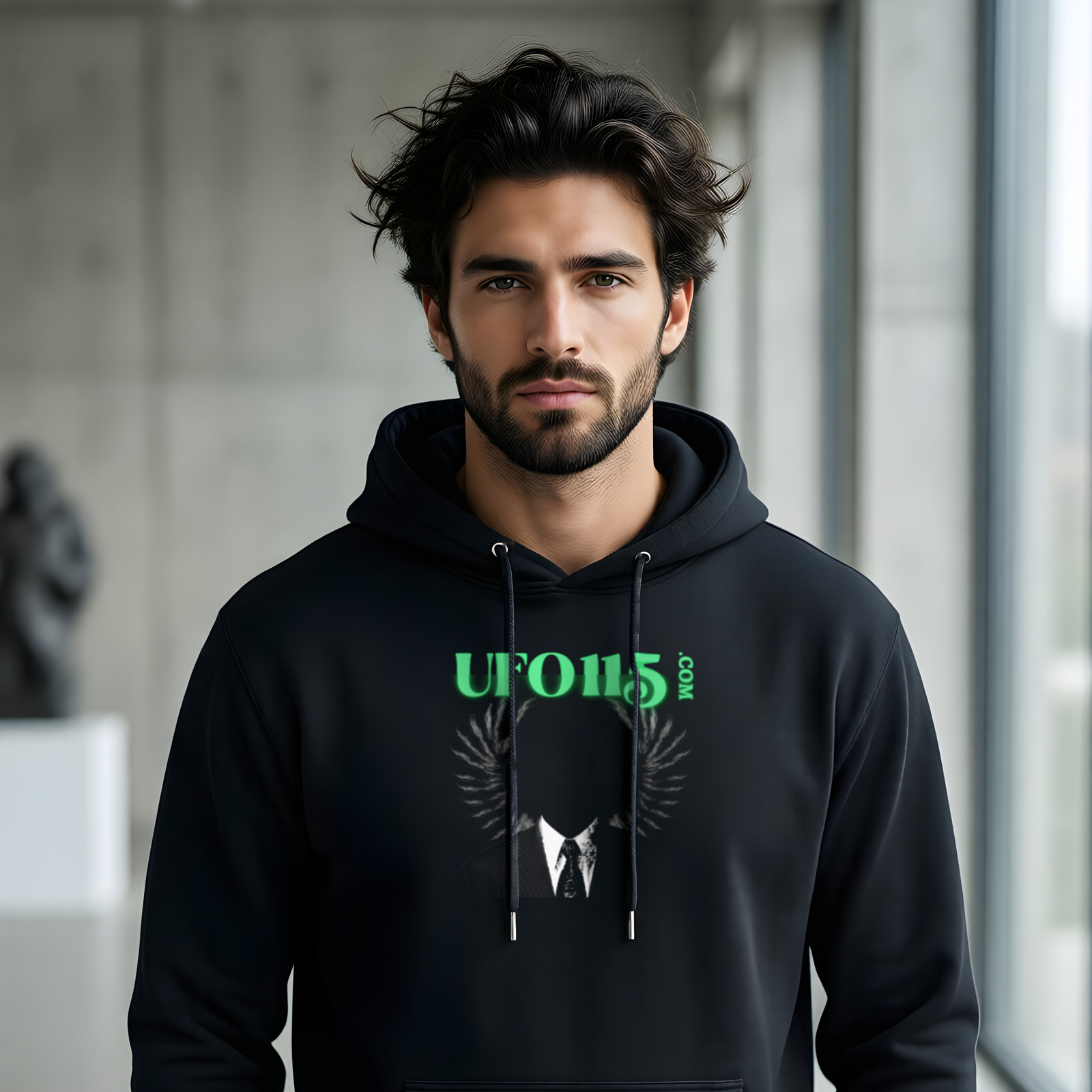 UFO115 – Green Angel hoodie in Black, worn by a model (in a minimalist concrete architecture gallery with tall windows).