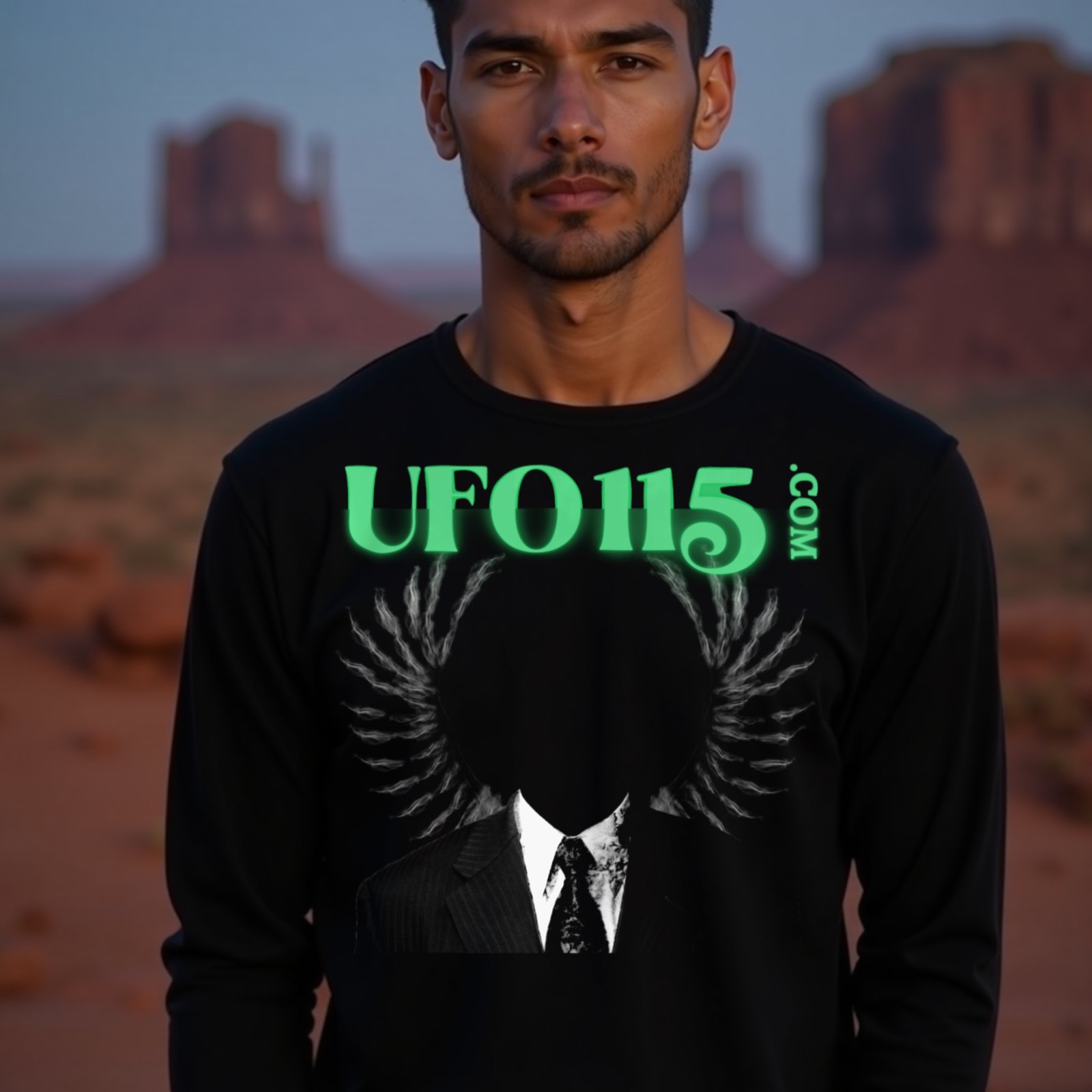 UFO115 – Green Angel long-sleeve T-shirt in Black, worn by a model (in Monument Valley at dusk). AI-generated image: model and scene are AI-generated; the print is the real artwork.