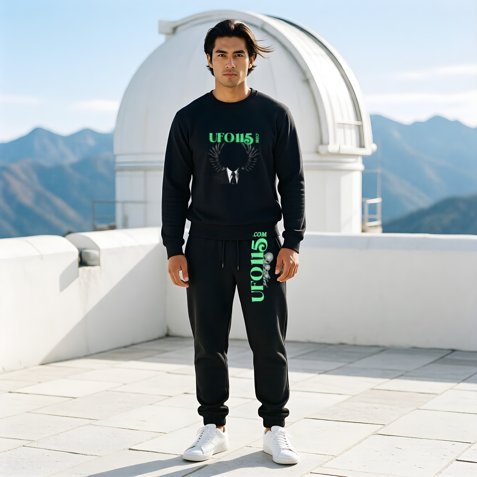 UFO115 – Green Angel matching set: crewneck and joggers on model
