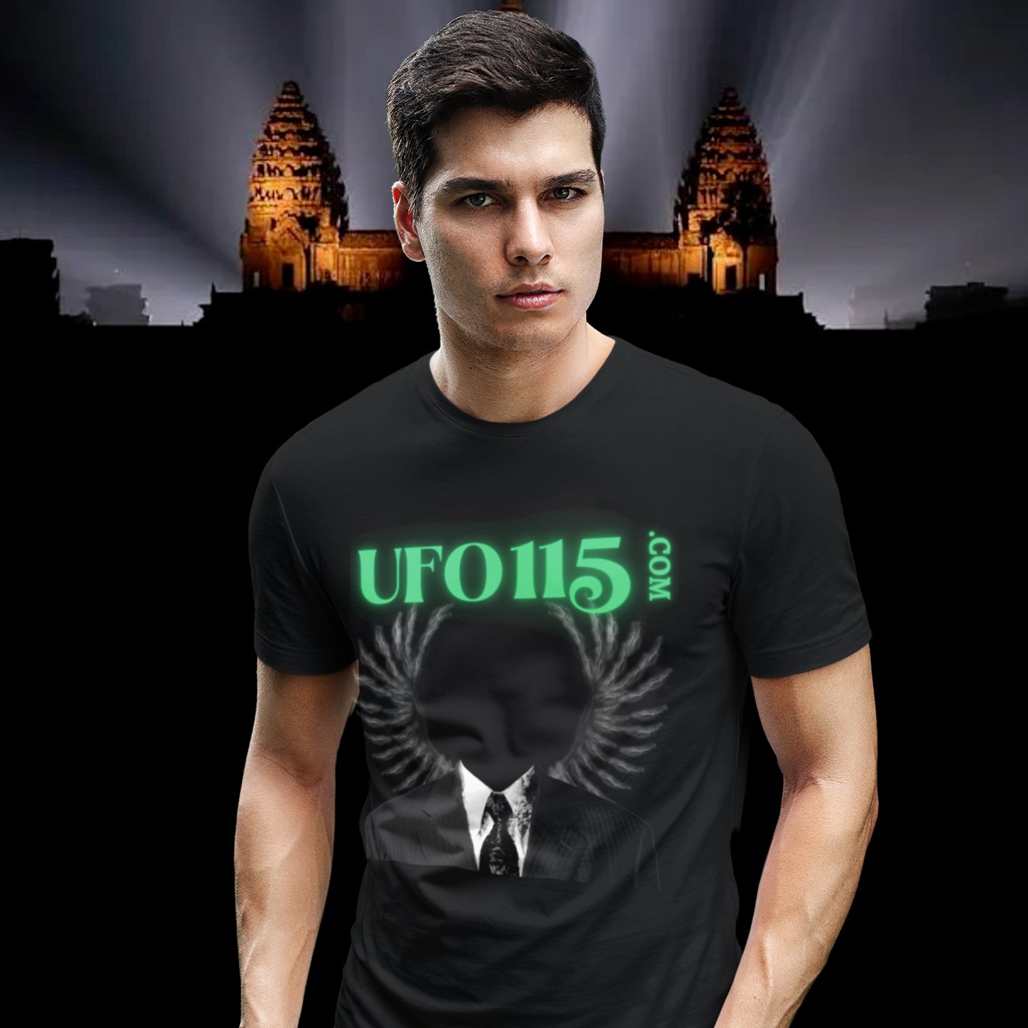 UFO115 – Green Angel T-shirt in Black, front print, worn by a model (Angkor temple light beams). AI-edited photo: the real print artwork was digitally placed on a model photo.