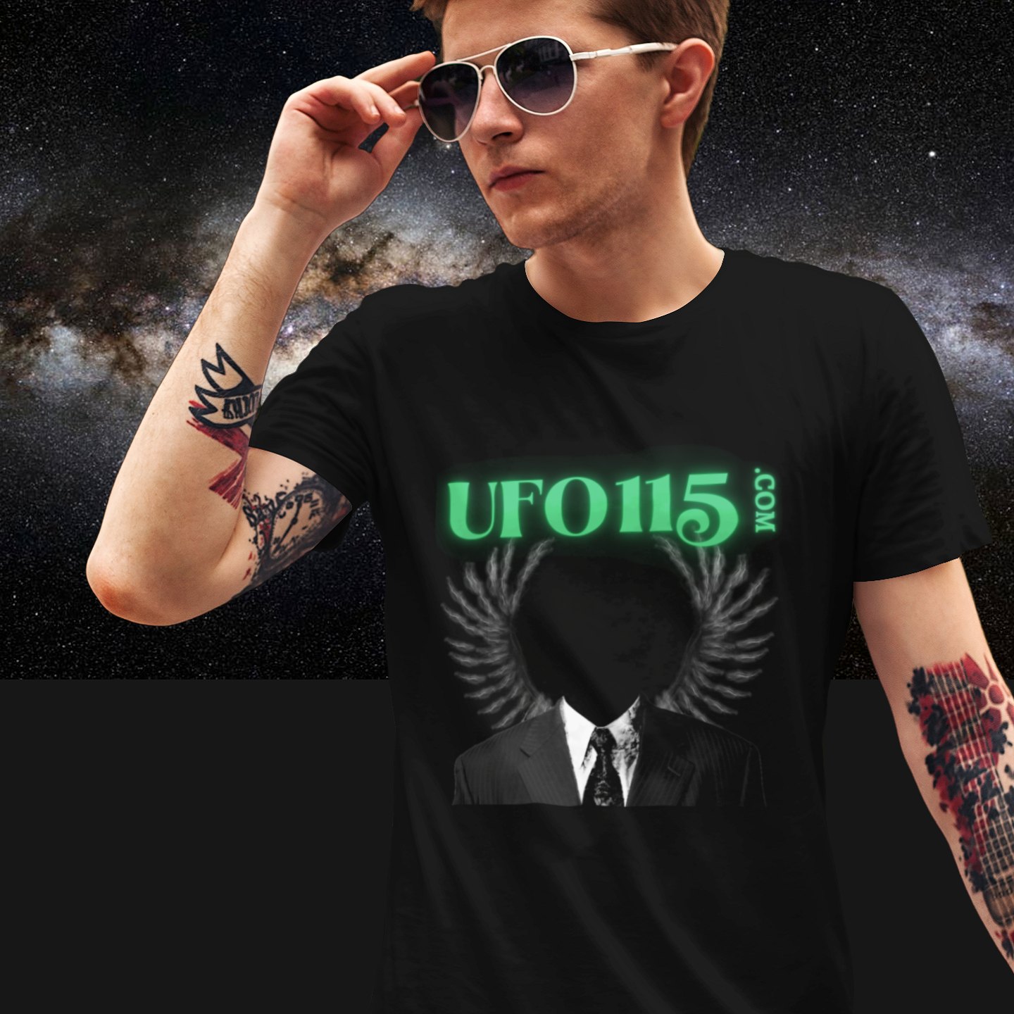 UFO115 – Green Angel T-shirt in Black, front print, worn by a model (Milky Way night). AI-edited photo: the real print artwork was digitally placed on a model photo.