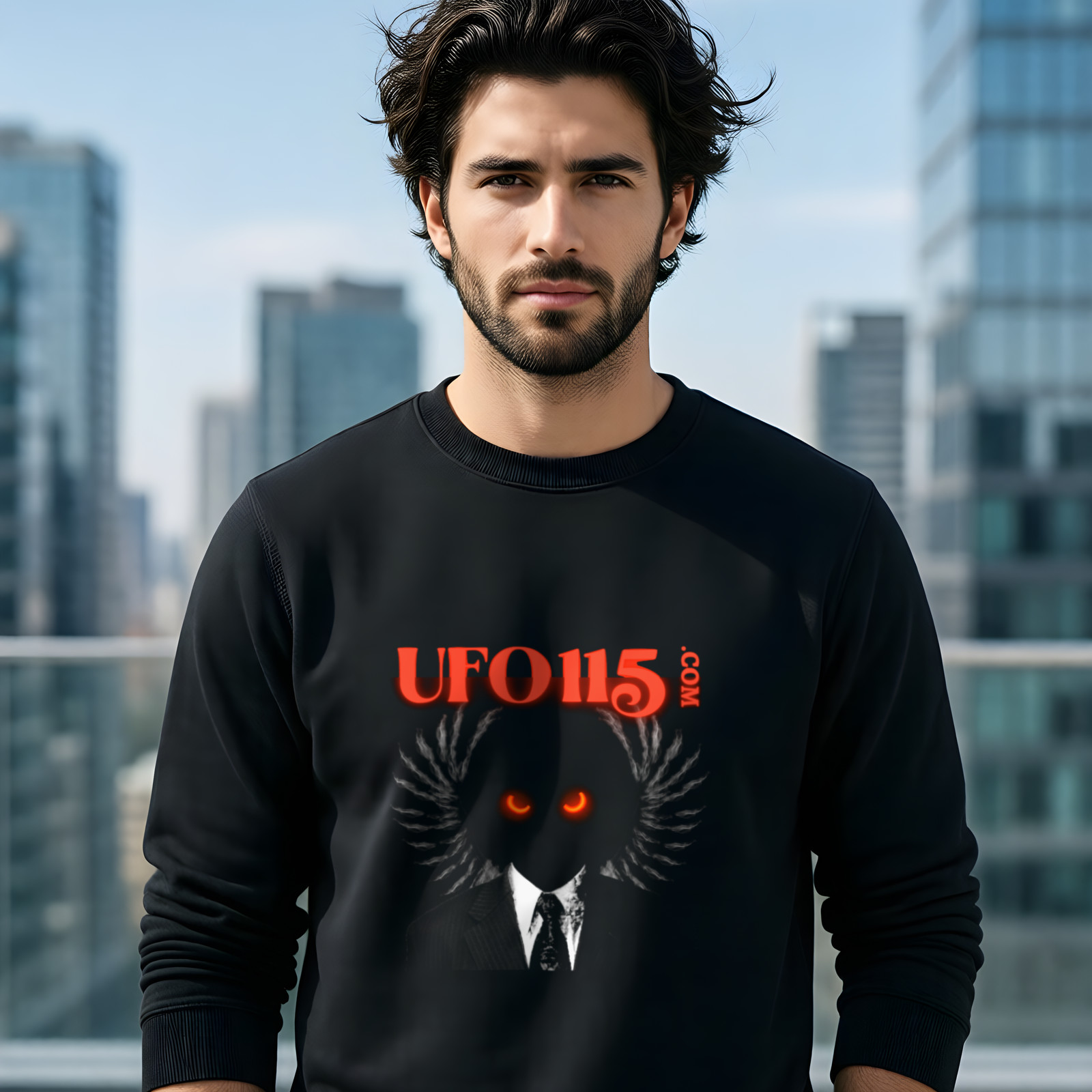 UFO115 Red Angel crewneck sweatshirt in Black, worn by a model (on a rooftop terrace above a modern city skyline on a clear day).
