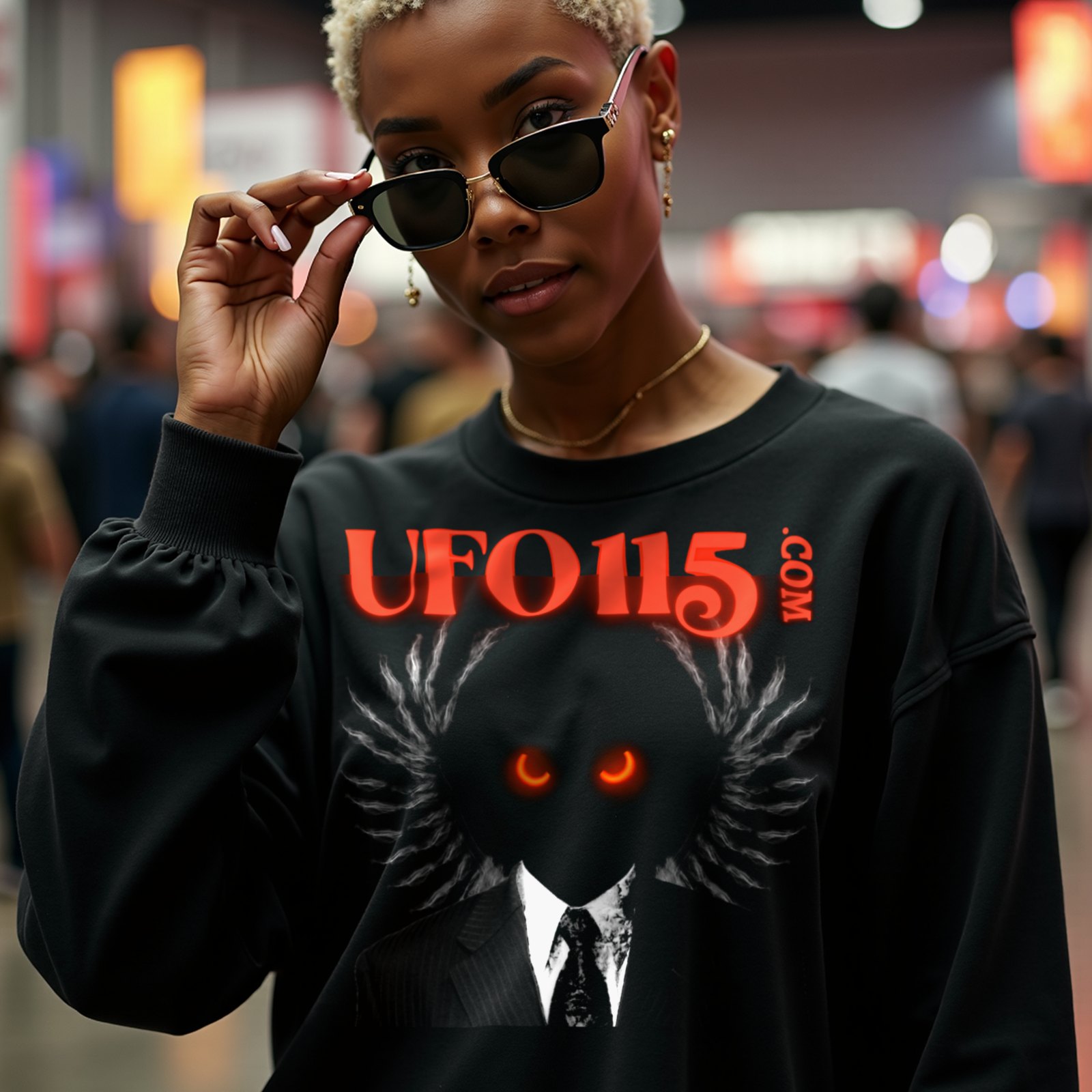 UFO115 Red Angel crewneck sweatshirt in Black, worn by a model (in a busy science-fiction fan convention hall). AI-generated image: model and scene are AI-generated; the print is the real artwork.