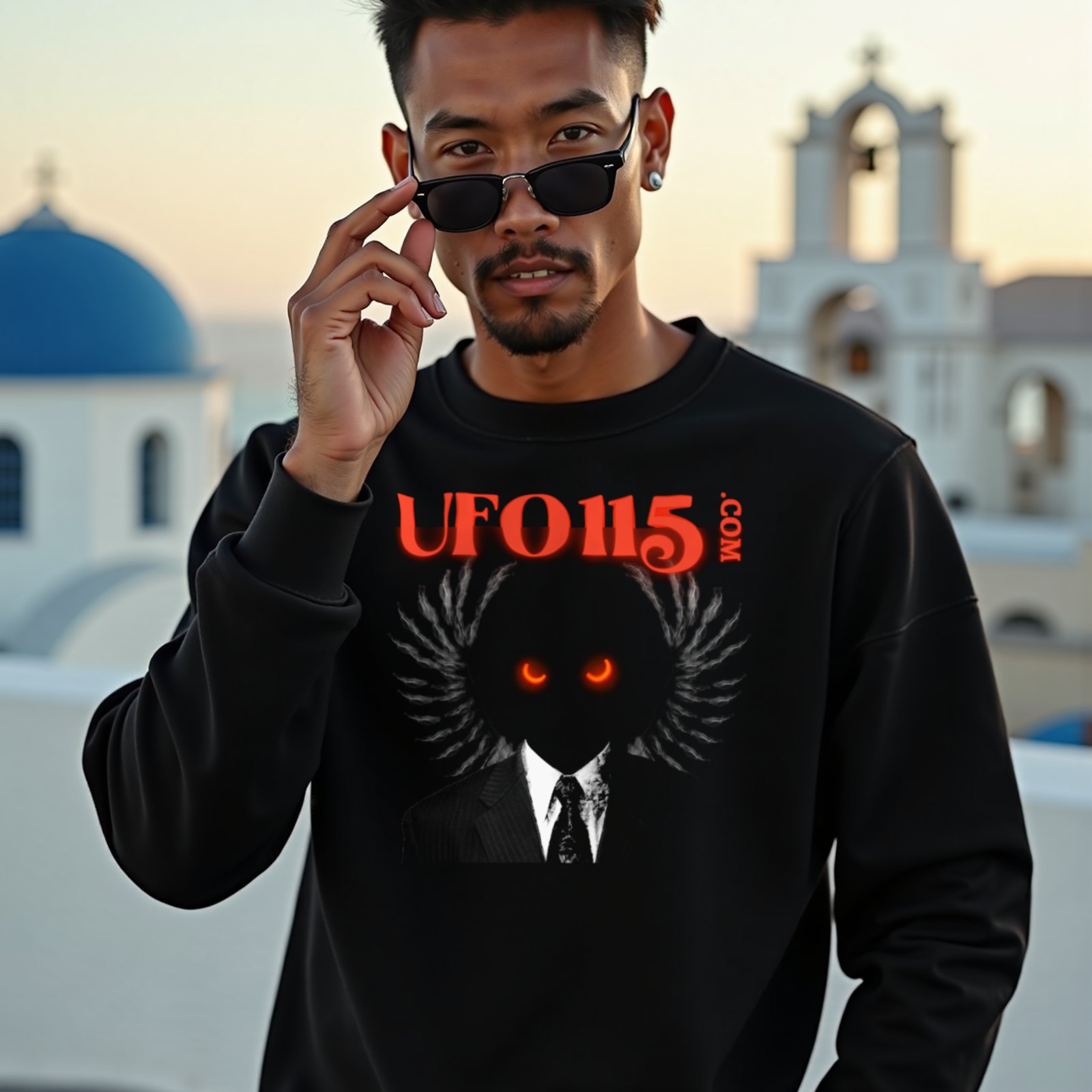 UFO115 Red Angel crewneck sweatshirt in Black, worn by a model (on a whitewashed Santorini terrace at golden hour). AI-generated image: model and scene are AI-generated; the print is the real artwork.