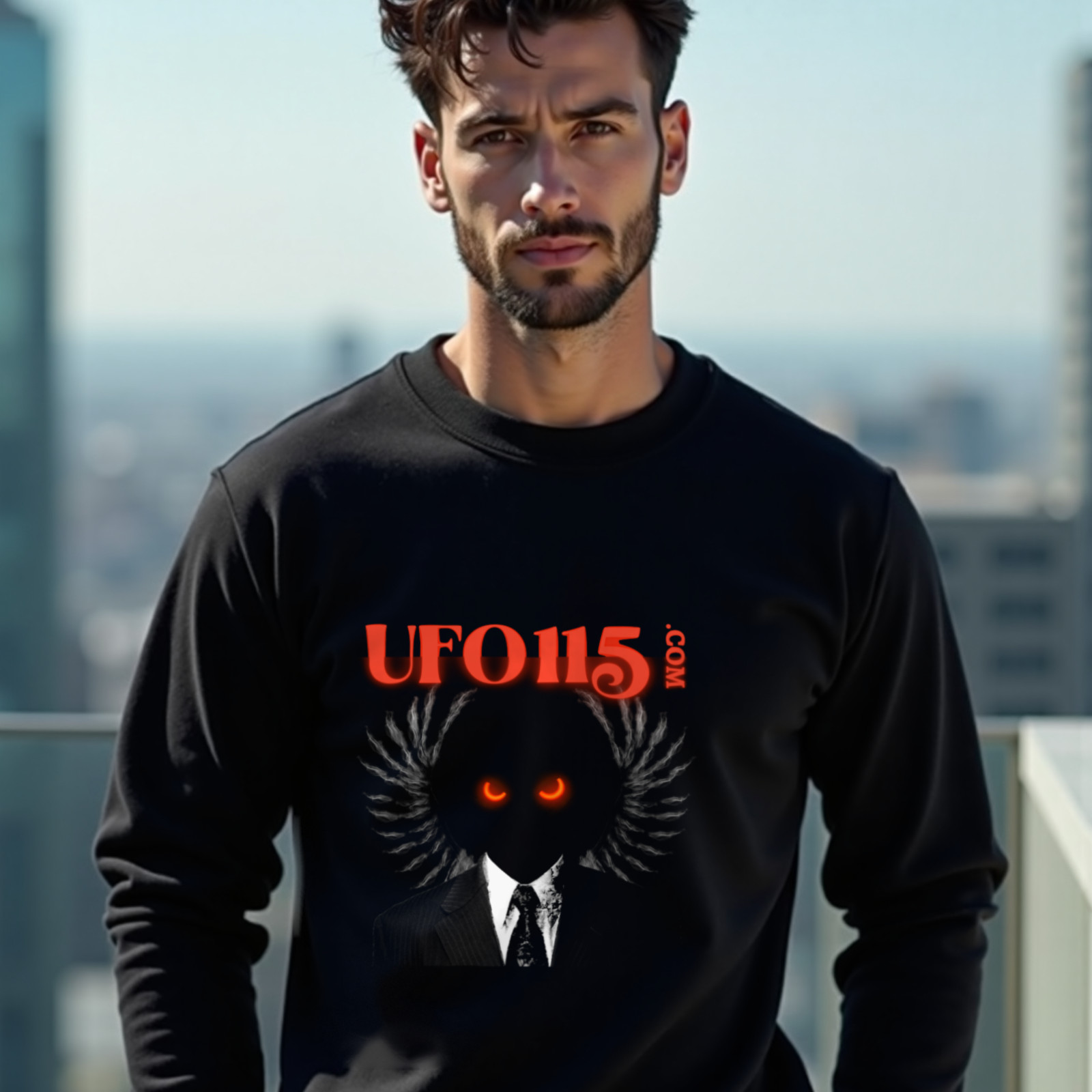 UFO115 Red Angel crewneck sweatshirt in Black, worn by a model (on a rooftop terrace above a modern city skyline on a clear day). AI-generated image: model and scene are AI-generated; the print is the real artwork.