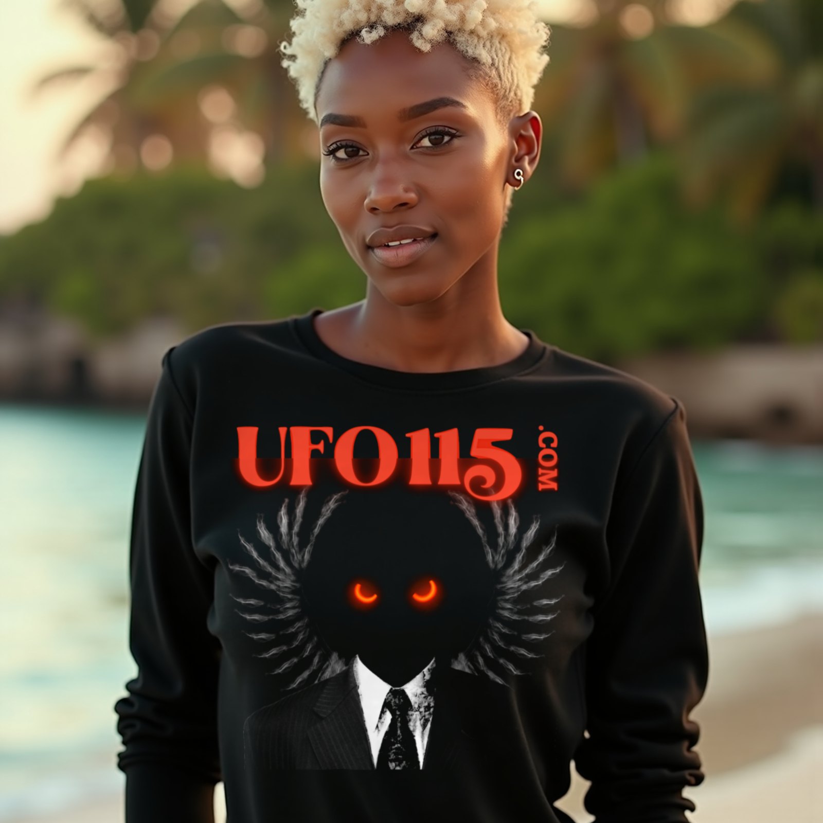UFO115 Red Angel long-sleeve T-shirt in Black, worn by a model (on a tropical beach at golden hour). AI-generated image: model and scene are AI-generated; the print is the real artwork.