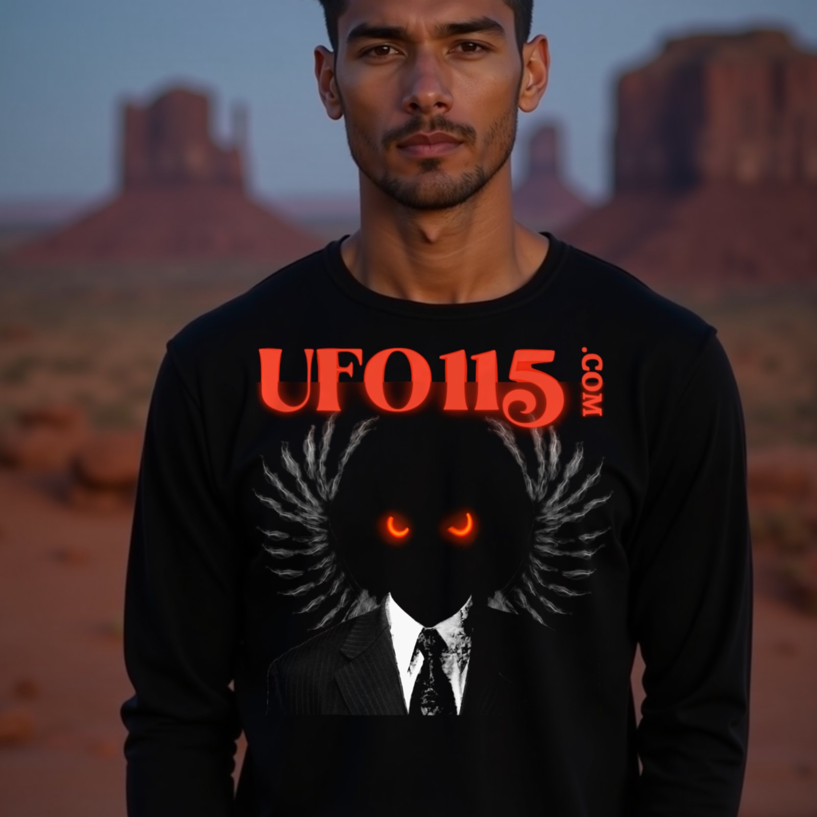 UFO115 Red Angel long-sleeve T-shirt in Black, worn by a model (in Monument Valley at dusk). AI-generated image: model and scene are AI-generated; the print is the real artwork.