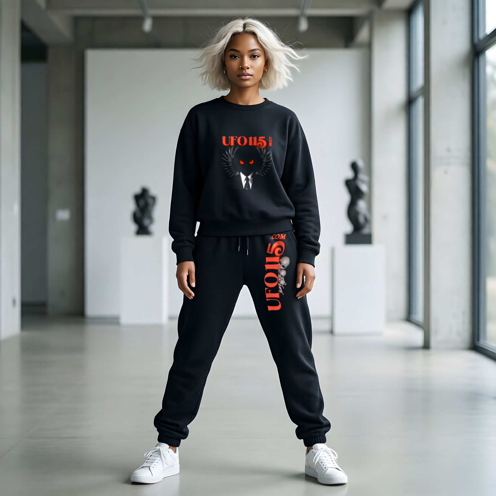 UFO115 Red Angel matching set: crewneck and joggers on model