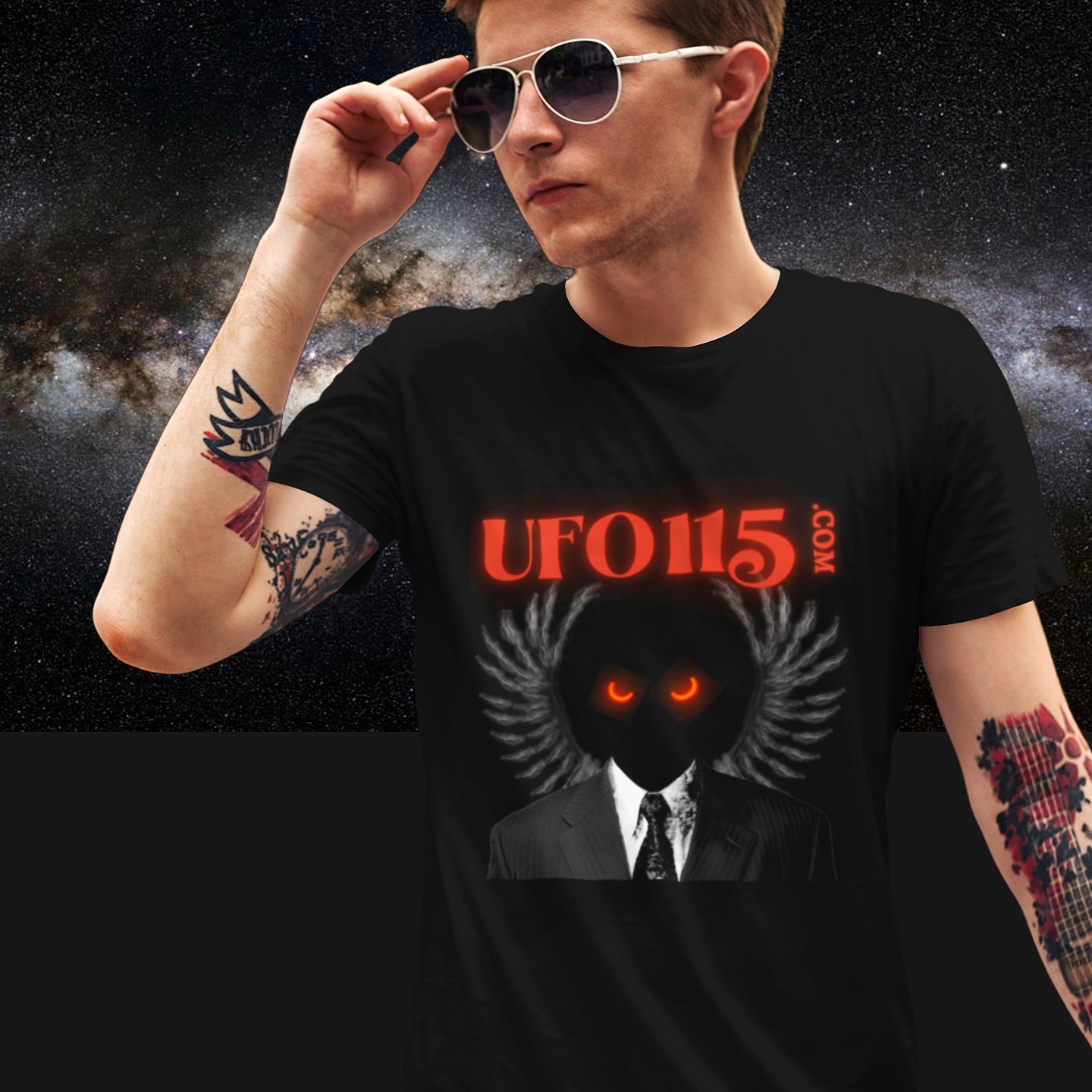 UFO115 Red Angel T-shirt in Black, front print, worn by a model (Milky Way night). AI-edited photo: the real print artwork was digitally placed on a model photo.